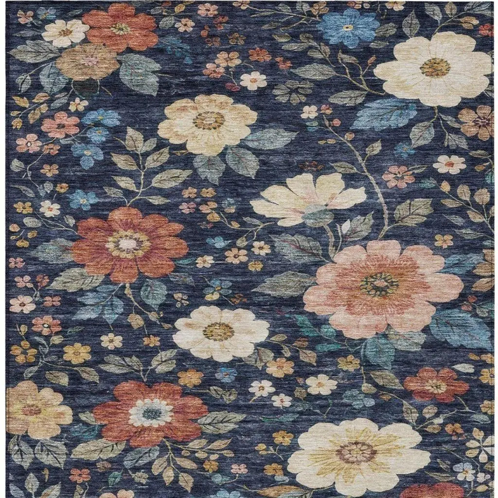 10' X 14' Navy Blue And Blue Floral Washable Indoor Outdoor Area Rug Homeroots Outdoor