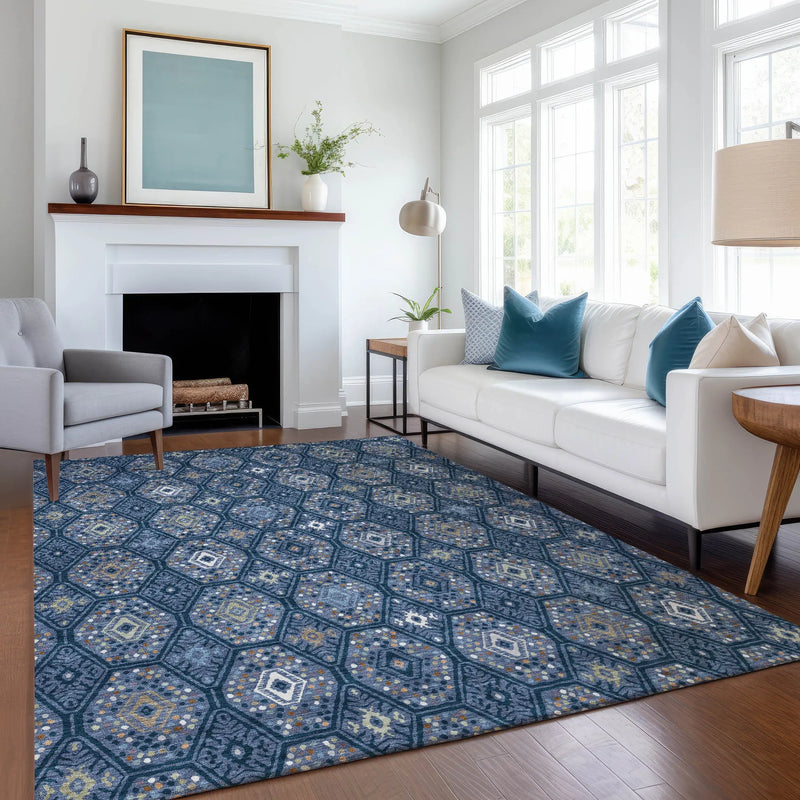 10' X 14' Navy Blue And Blue Geometric Washable Indoor Outdoor Area Rug Homeroots Outdoor