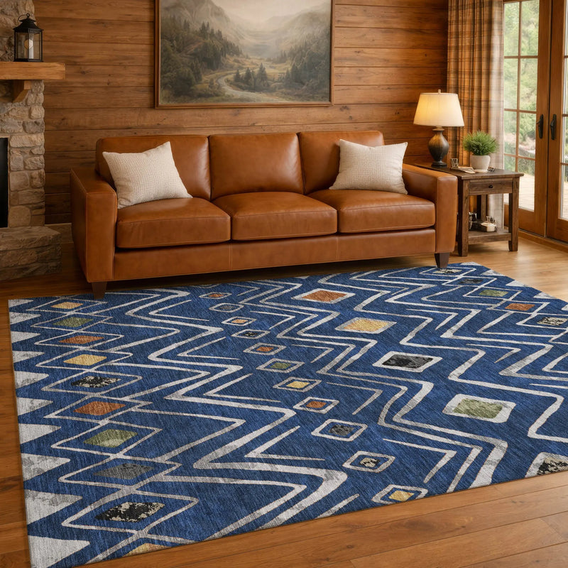 10' X 14' Navy Blue And Blue Geometric Washable Indoor Outdoor Area Rug Homeroots Outdoor