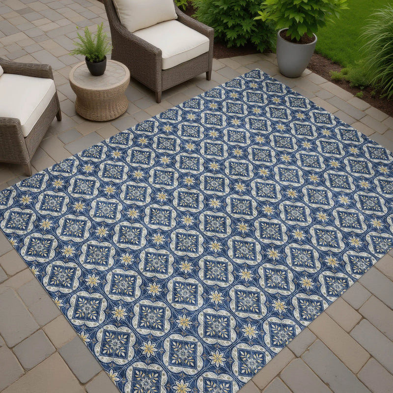 10' X 14' Navy Blue And Blue Geometric Washable Indoor Outdoor Area Rug Homeroots Outdoor