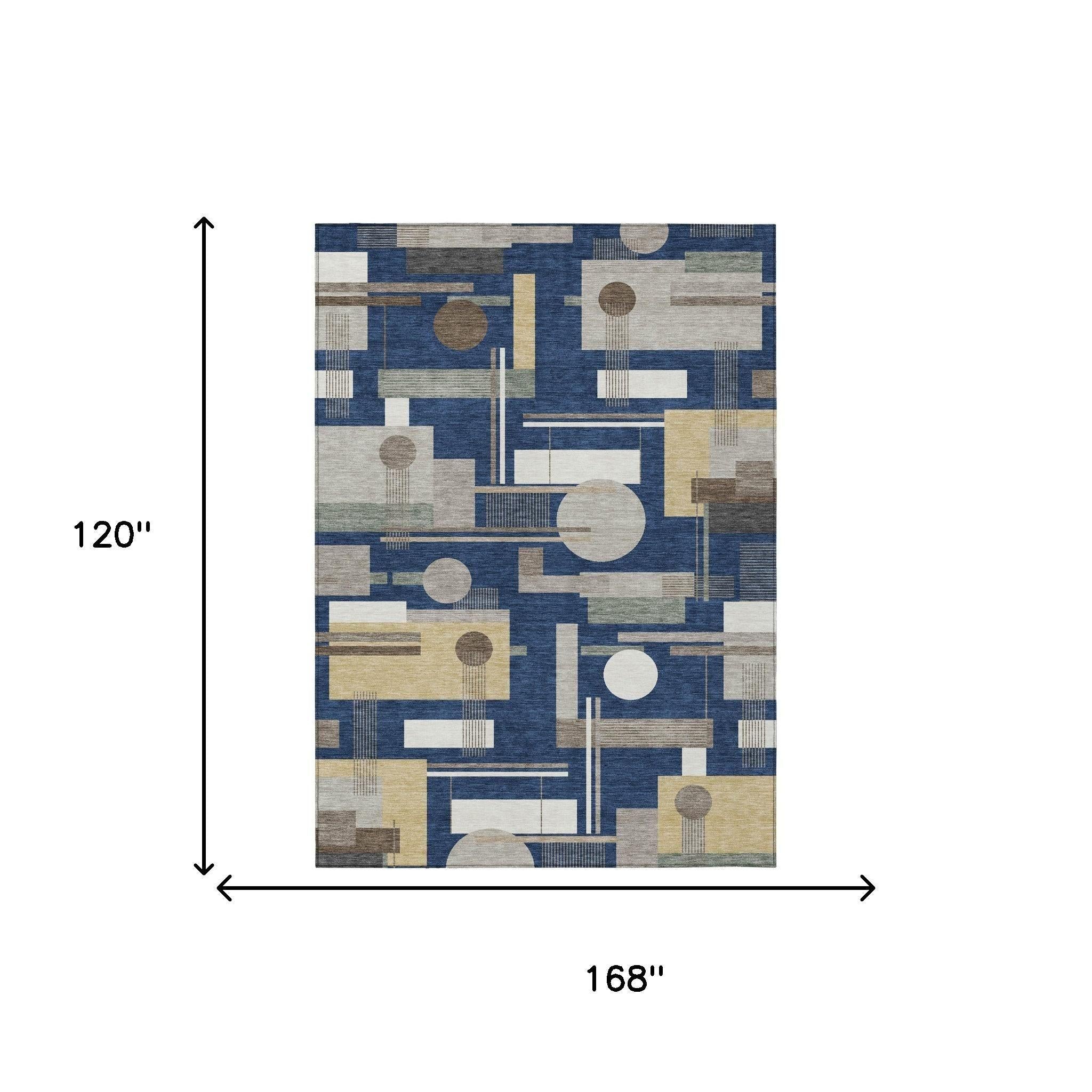 10' X 14' Navy Blue And Blue Geometric Washable Indoor Outdoor Area Rug Homeroots Outdoor