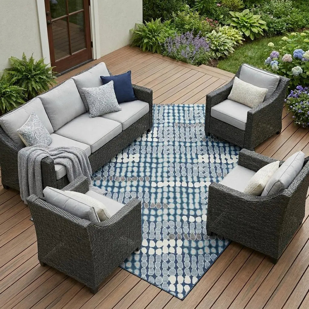10' X 14' Navy Blue And Blue Geometric Washable Indoor Outdoor Area Rug Homeroots Outdoor