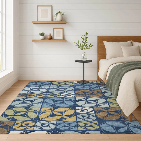 10' X 14' Navy Blue And Blue Geometric Washable Indoor Outdoor Area Rug Homeroots Outdoor