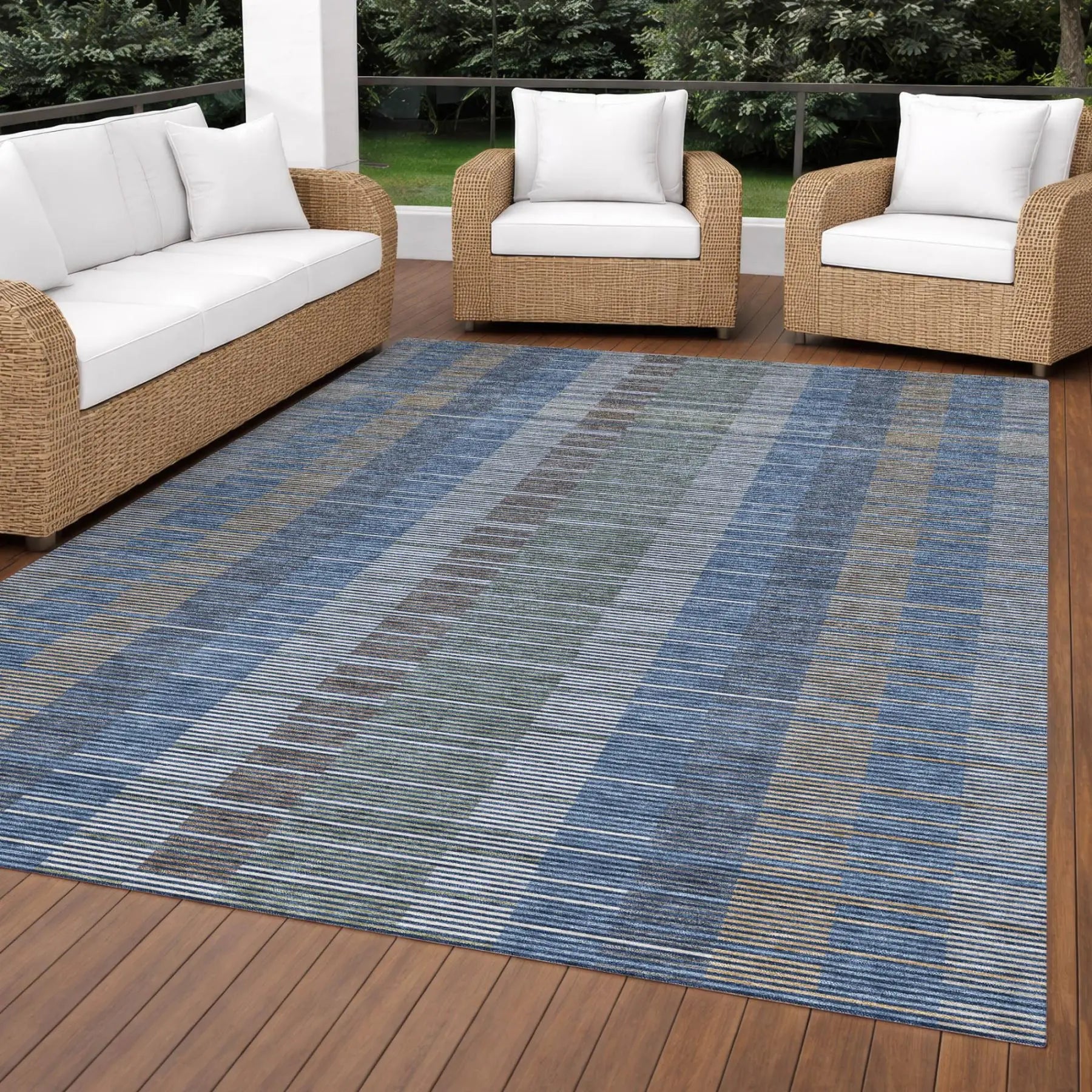 10' X 14' Navy Blue And Blue Striped Washable Indoor Outdoor Area Rug Homeroots Outdoor