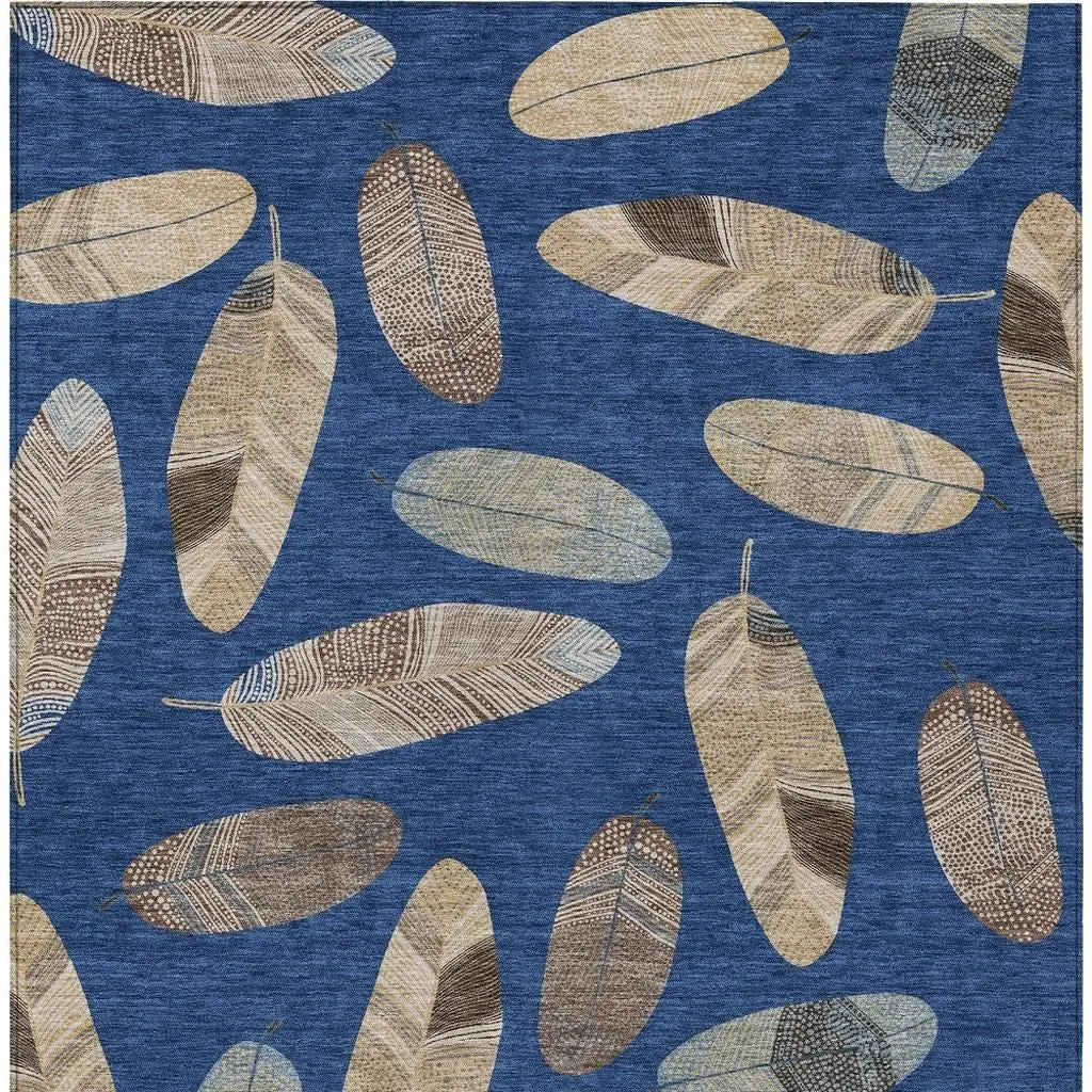 10' X 14' Navy Blue And Brown Botanical Leaves Washable Indoor Outdoor Area Rug Homeroots Outdoor