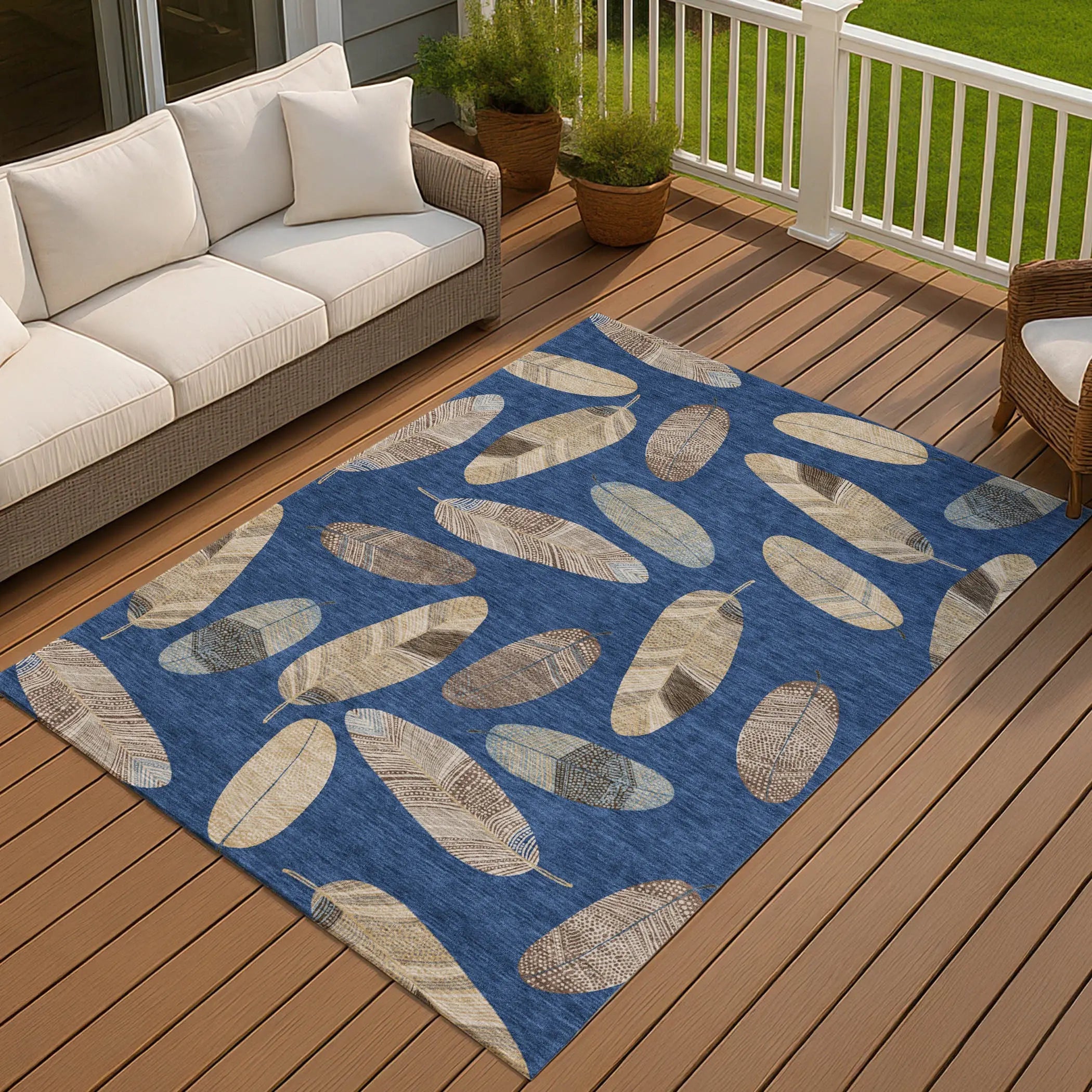 10' X 14' Navy Blue And Brown Botanical Leaves Washable Indoor Outdoor Area Rug Homeroots Outdoor