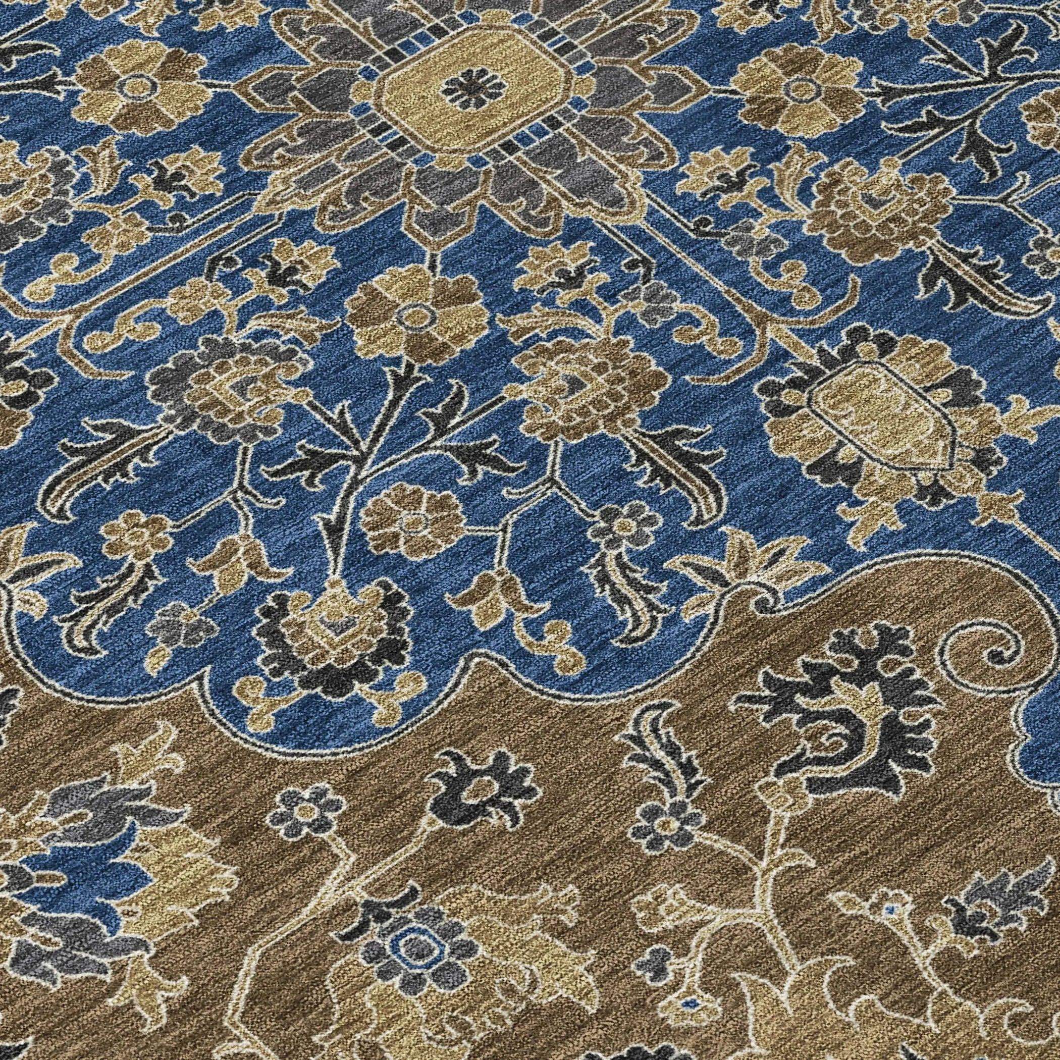 10' X 14' Navy Blue And Brown Floral Medallion Washable Indoor Outdoor Area Rug Homeroots Outdoor