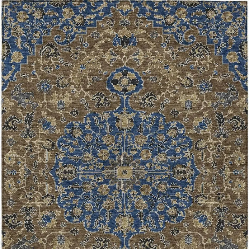 10' X 14' Navy Blue And Brown Floral Medallion Washable Indoor Outdoor Area Rug Homeroots Outdoor