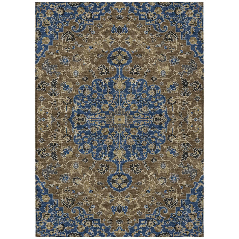 10' X 14' Navy Blue And Brown Floral Medallion Washable Indoor Outdoor Area Rug Homeroots Outdoor