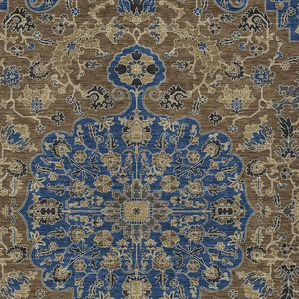 10' X 14' Navy Blue And Brown Floral Medallion Washable Indoor Outdoor Area Rug Homeroots Outdoor