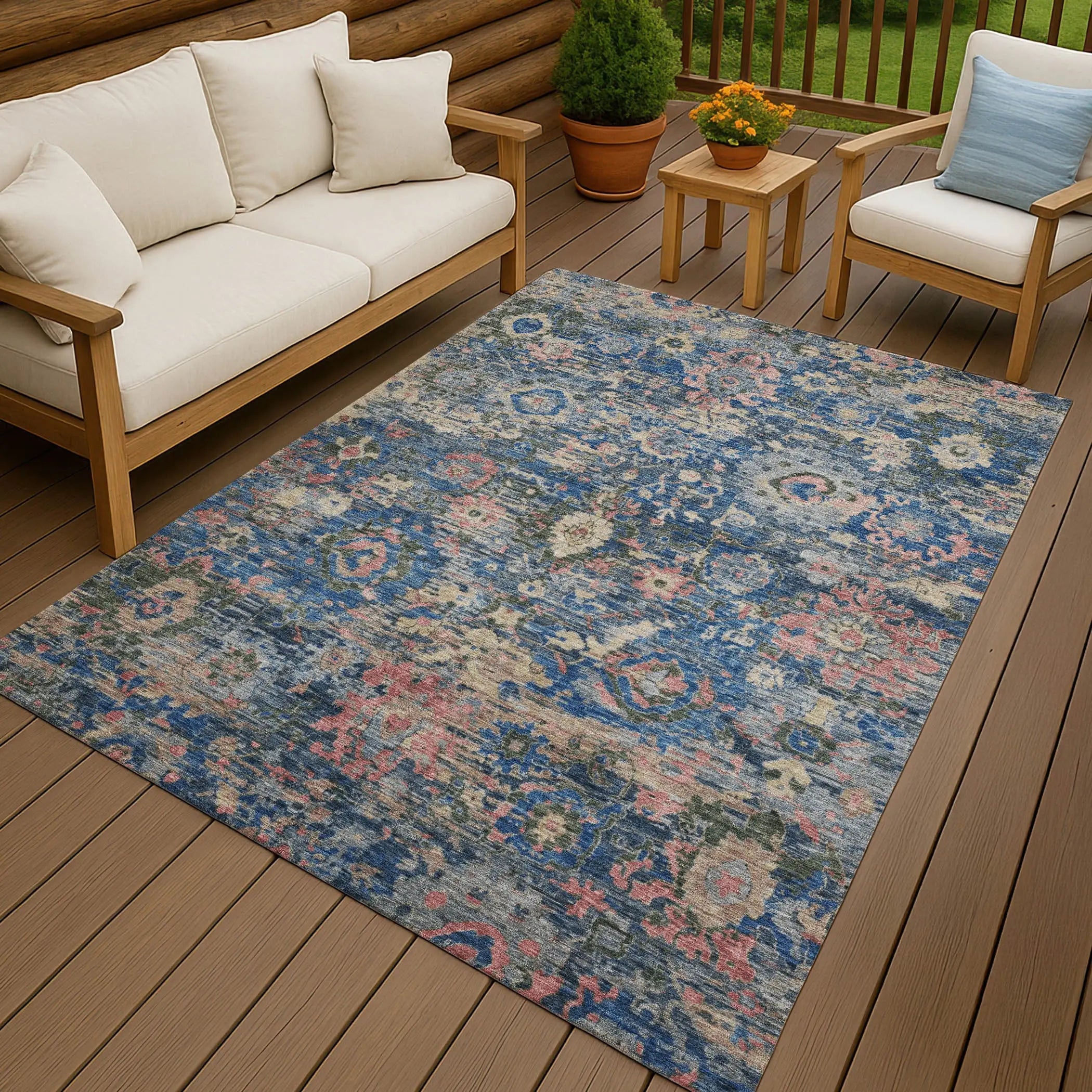 10' X 14' Navy Blue And Denim Blue Floral Washable Indoor Outdoor Area Rug Homeroots Outdoor