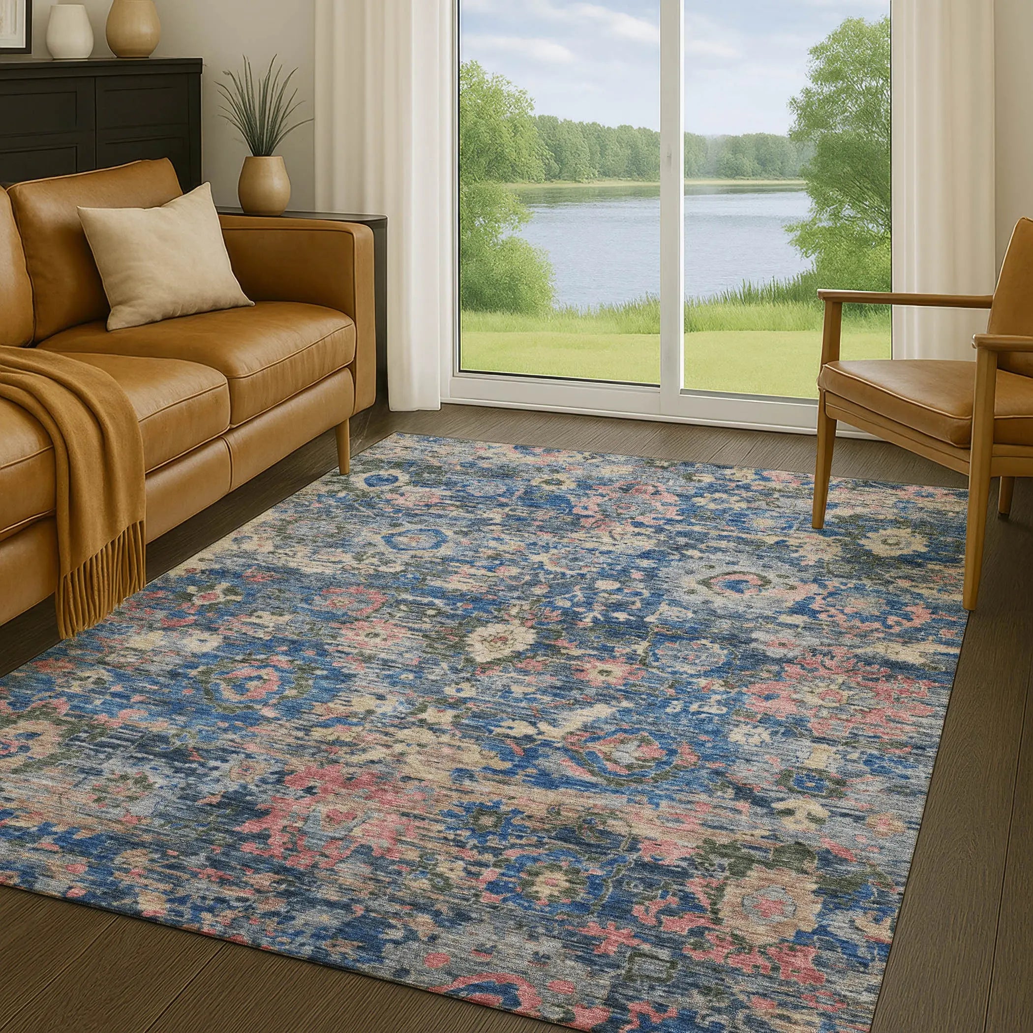 10' X 14' Navy Blue And Denim Blue Floral Washable Indoor Outdoor Area Rug Homeroots Outdoor