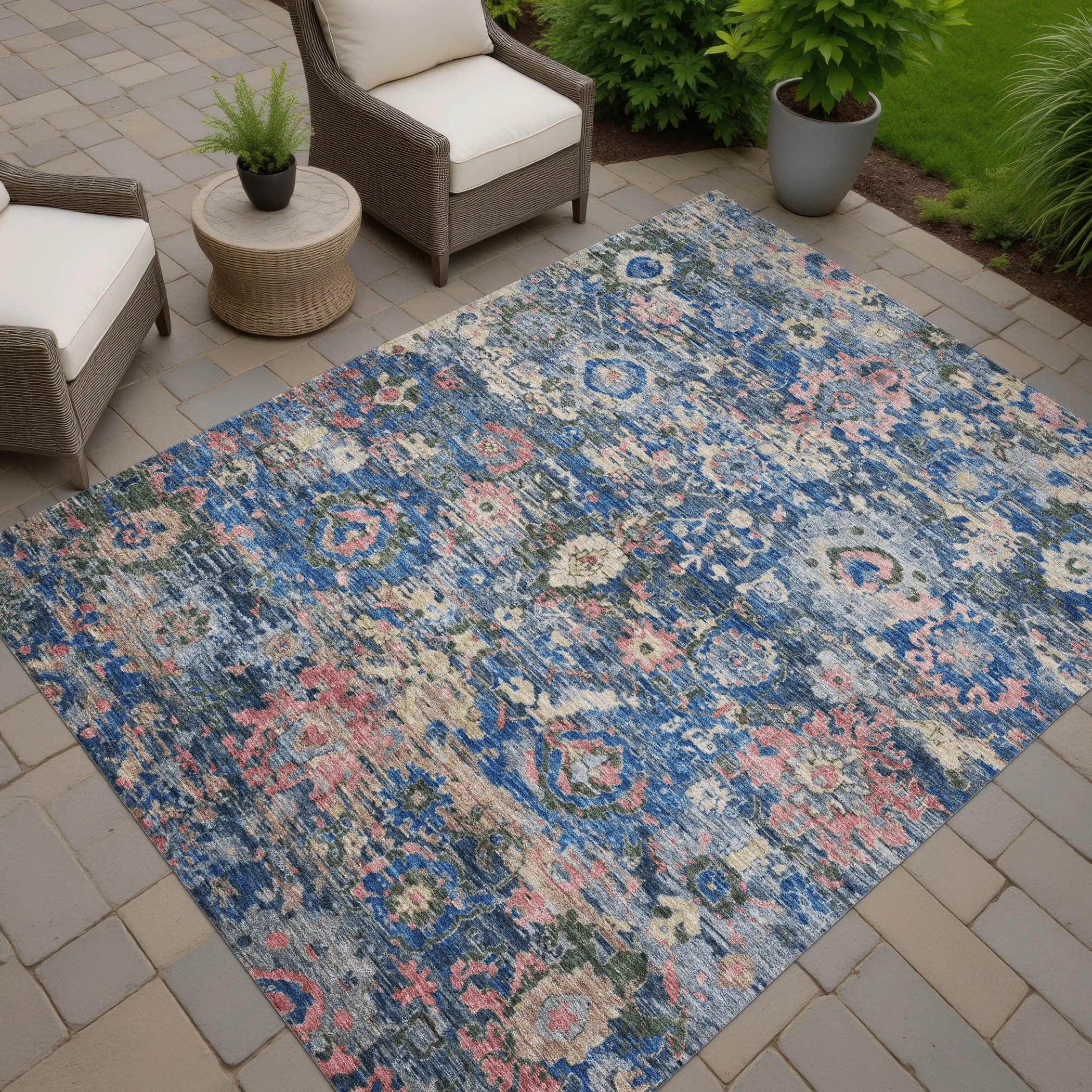 10' X 14' Navy Blue And Denim Blue Floral Washable Indoor Outdoor Area Rug Homeroots Outdoor
