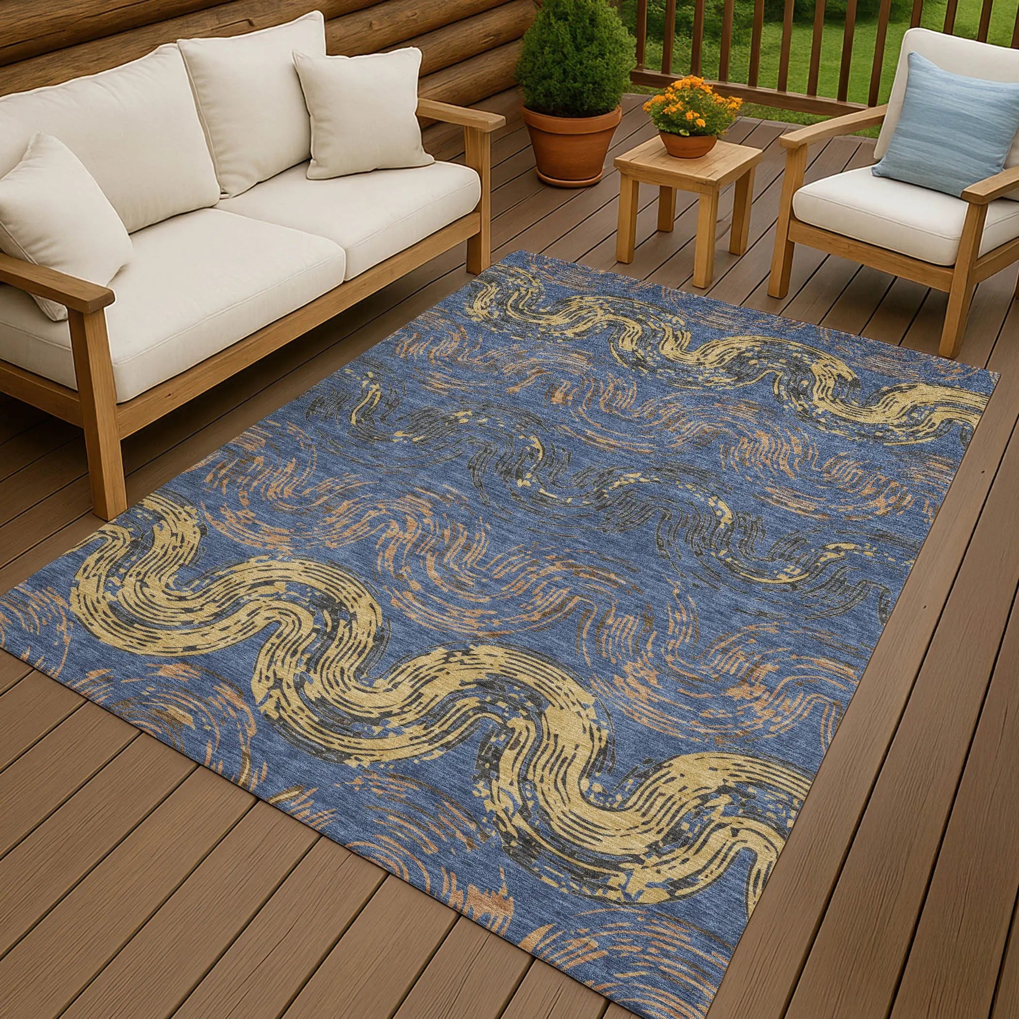 10' X 14' Navy Blue And Gold Abstract Washable Indoor Outdoor Area Rug Homeroots Outdoor