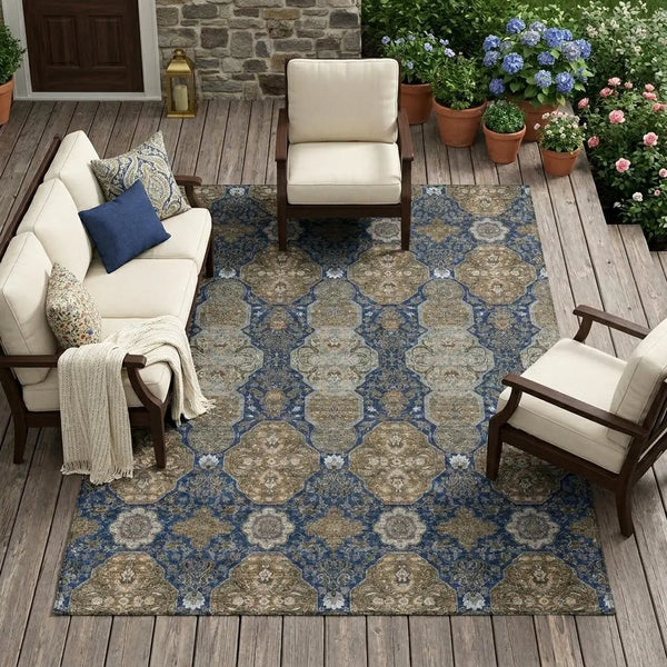 10' X 14' Navy Blue And Gray Floral Washable Indoor Outdoor Area Rug Homeroots Outdoor