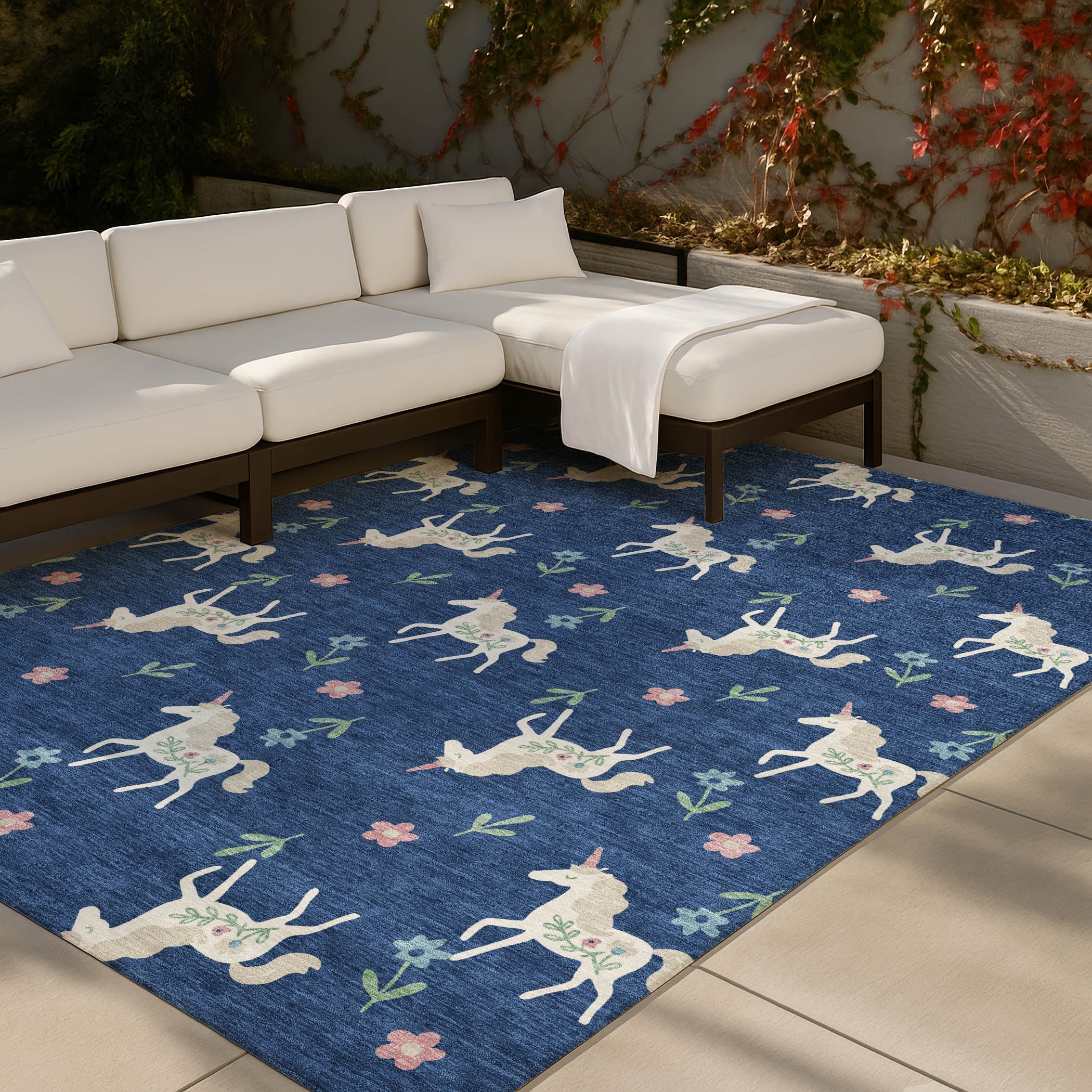 10' X 14' Navy Blue And Green Floral Washable Indoor Outdoor Area Rug Homeroots Outdoor