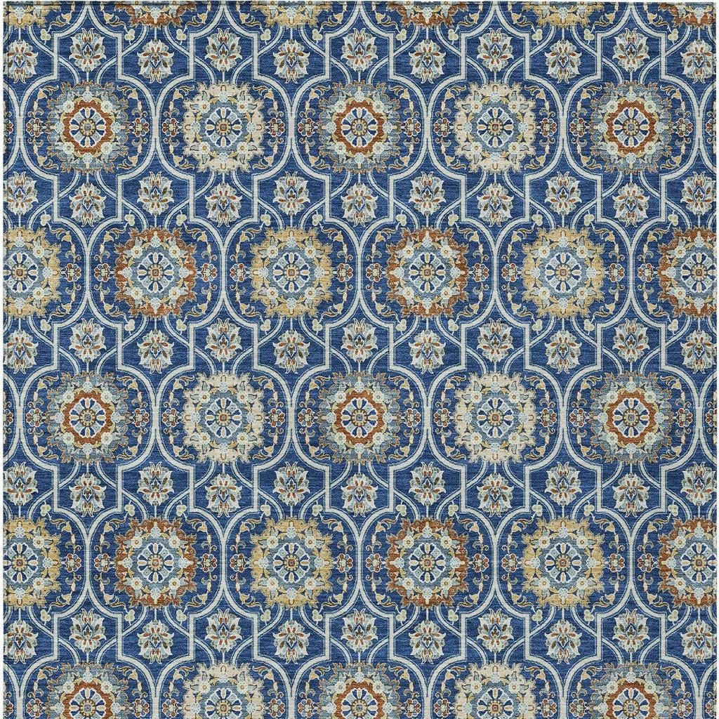 10' X 14' Navy Blue And Ivory Floral Medallion Washable Indoor Outdoor Area Rug Homeroots Outdoor