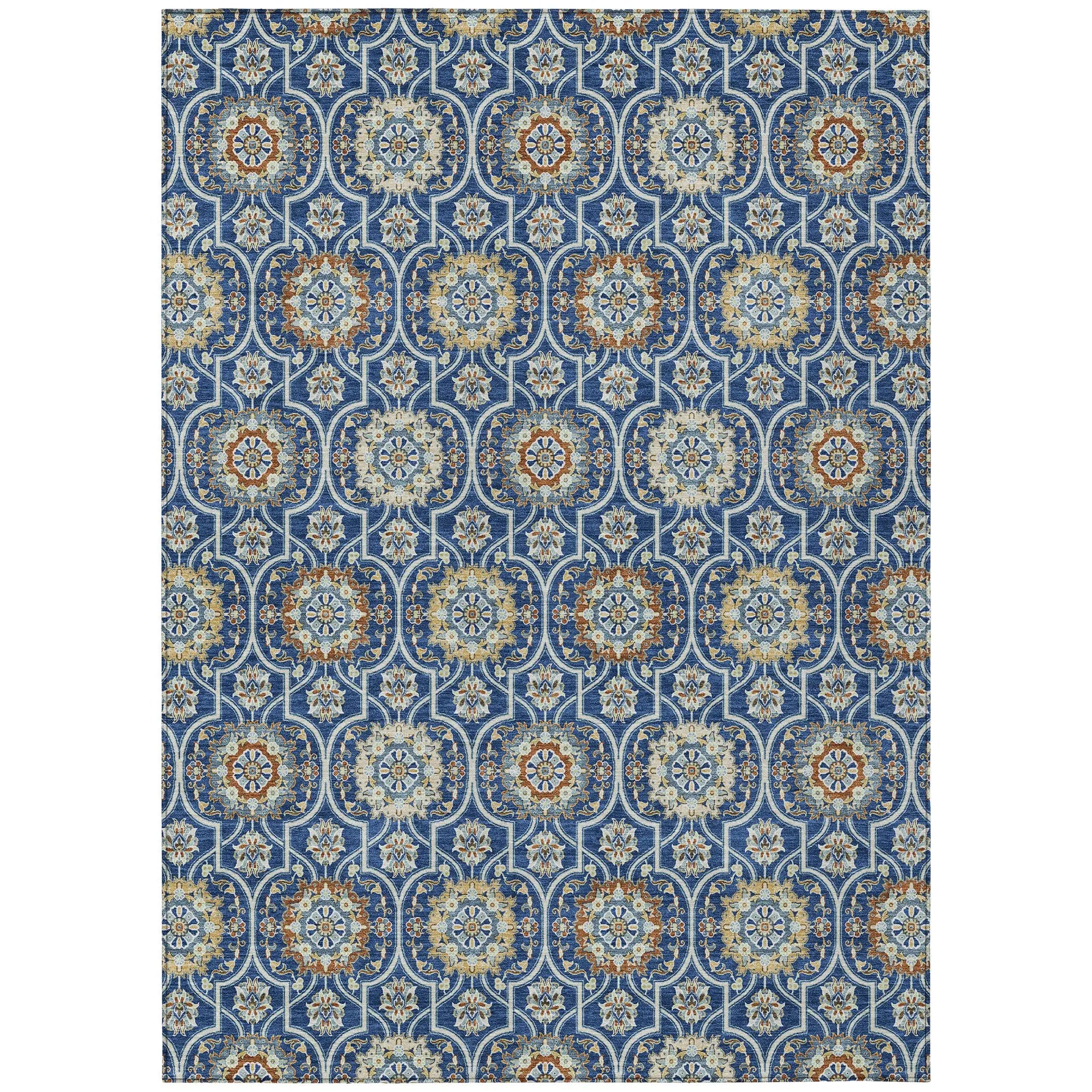 10' X 14' Navy Blue And Ivory Floral Medallion Washable Indoor Outdoor Area Rug Homeroots Outdoor