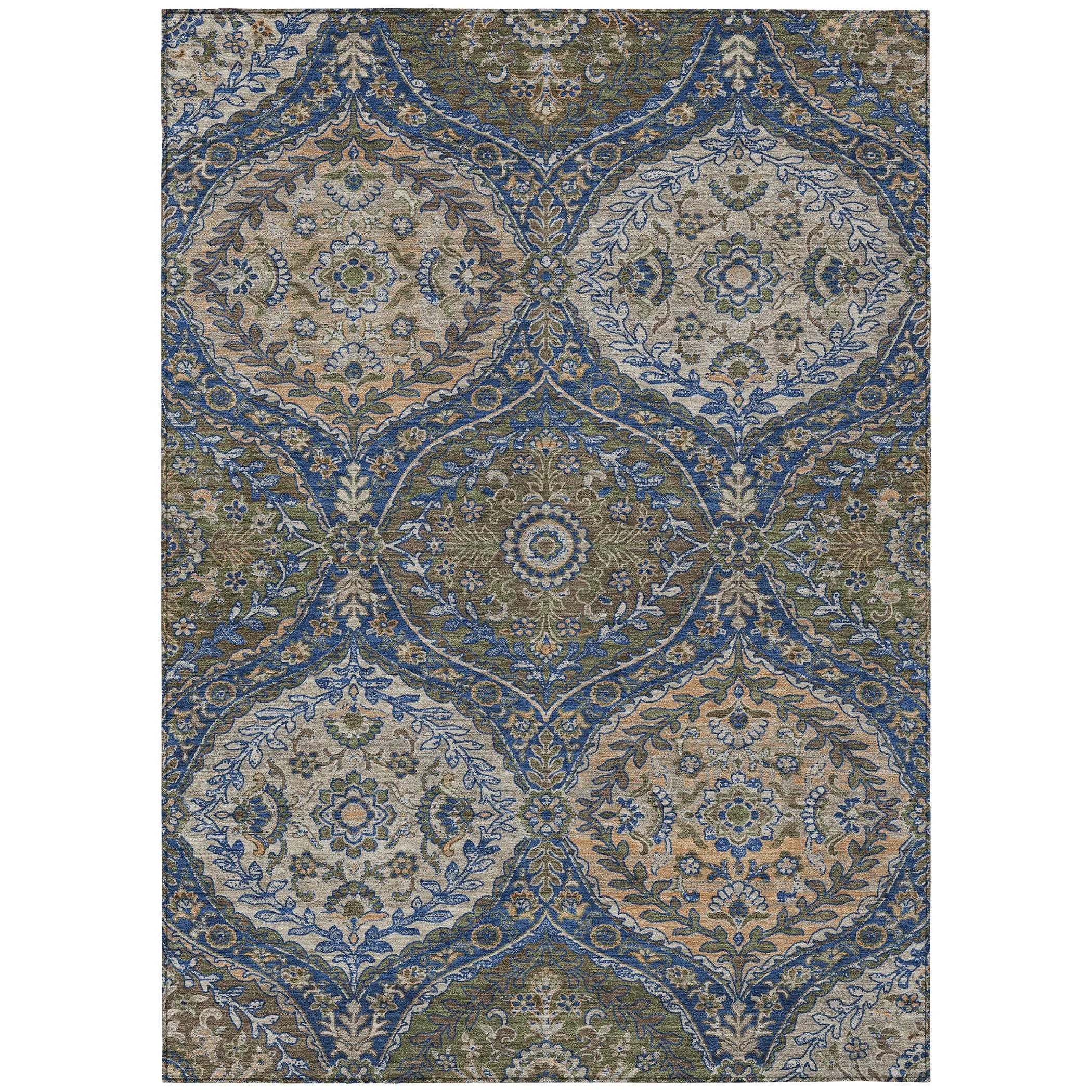 10' X 14' Navy Blue And Linen Ogee Washable Indoor Outdoor Area Rug Homeroots Outdoor