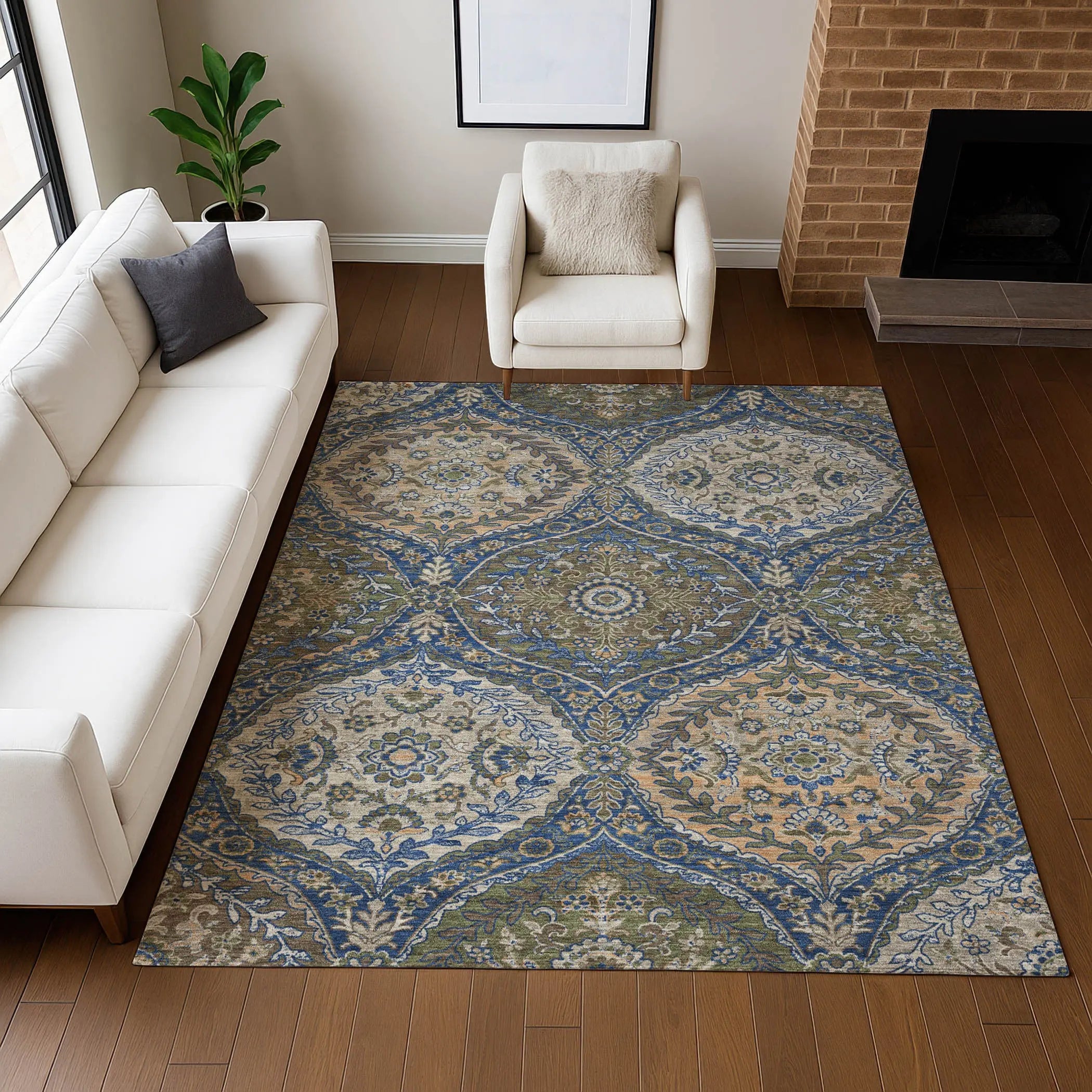 10' X 14' Navy Blue And Linen Ogee Washable Indoor Outdoor Area Rug Homeroots Outdoor