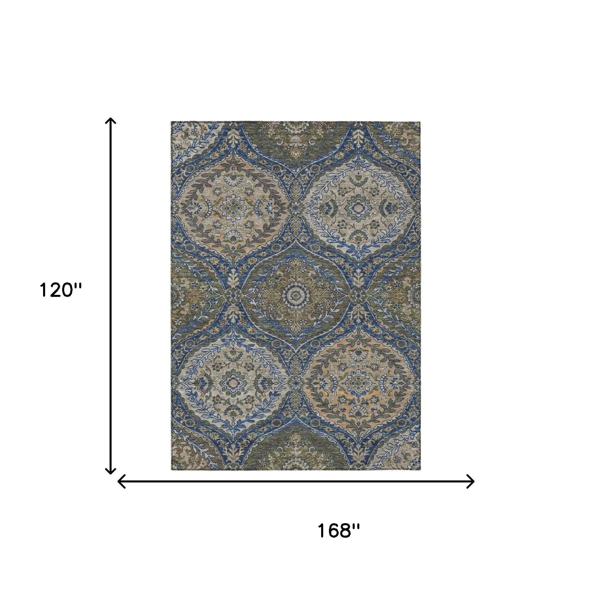 10' X 14' Navy Blue And Linen Ogee Washable Indoor Outdoor Area Rug Homeroots Outdoor