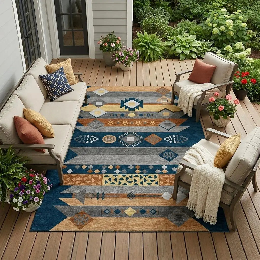 10' X 14' Navy Blue And Orange Geometric Washable Indoor Outdoor Area Rug Homeroots Outdoor