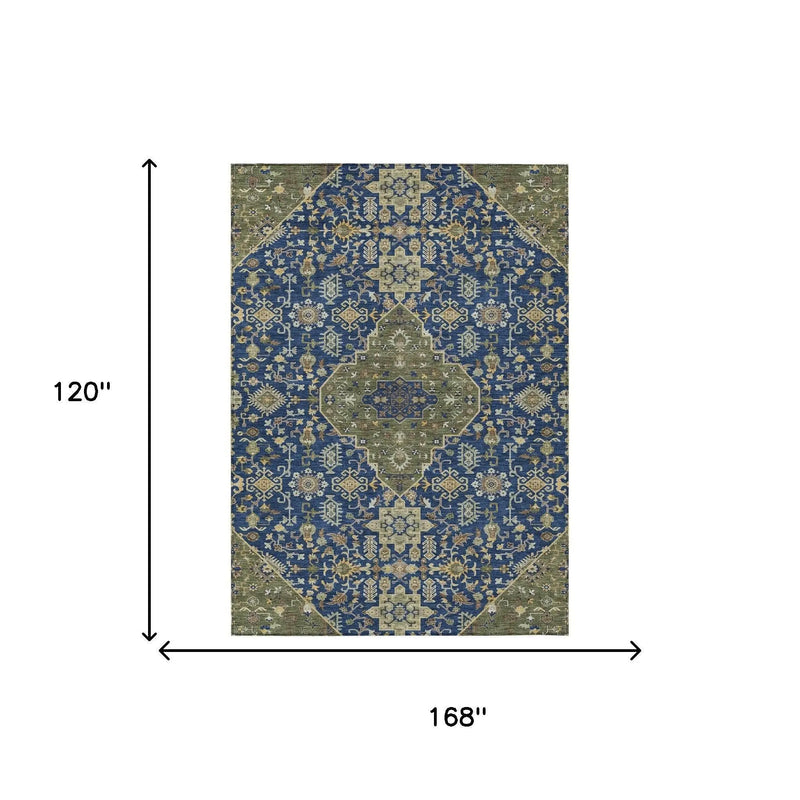 10' X 14' Navy Blue And Pewter Medallion Washable Indoor Outdoor Area Rug Homeroots Outdoor