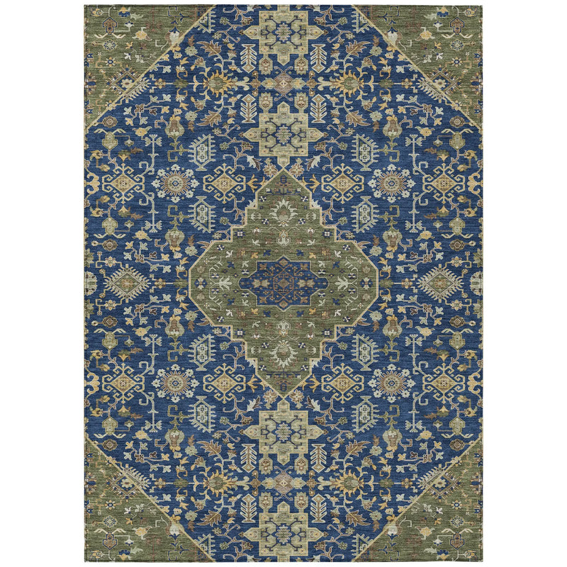 10' X 14' Navy Blue And Pewter Medallion Washable Indoor Outdoor Area Rug Homeroots Outdoor