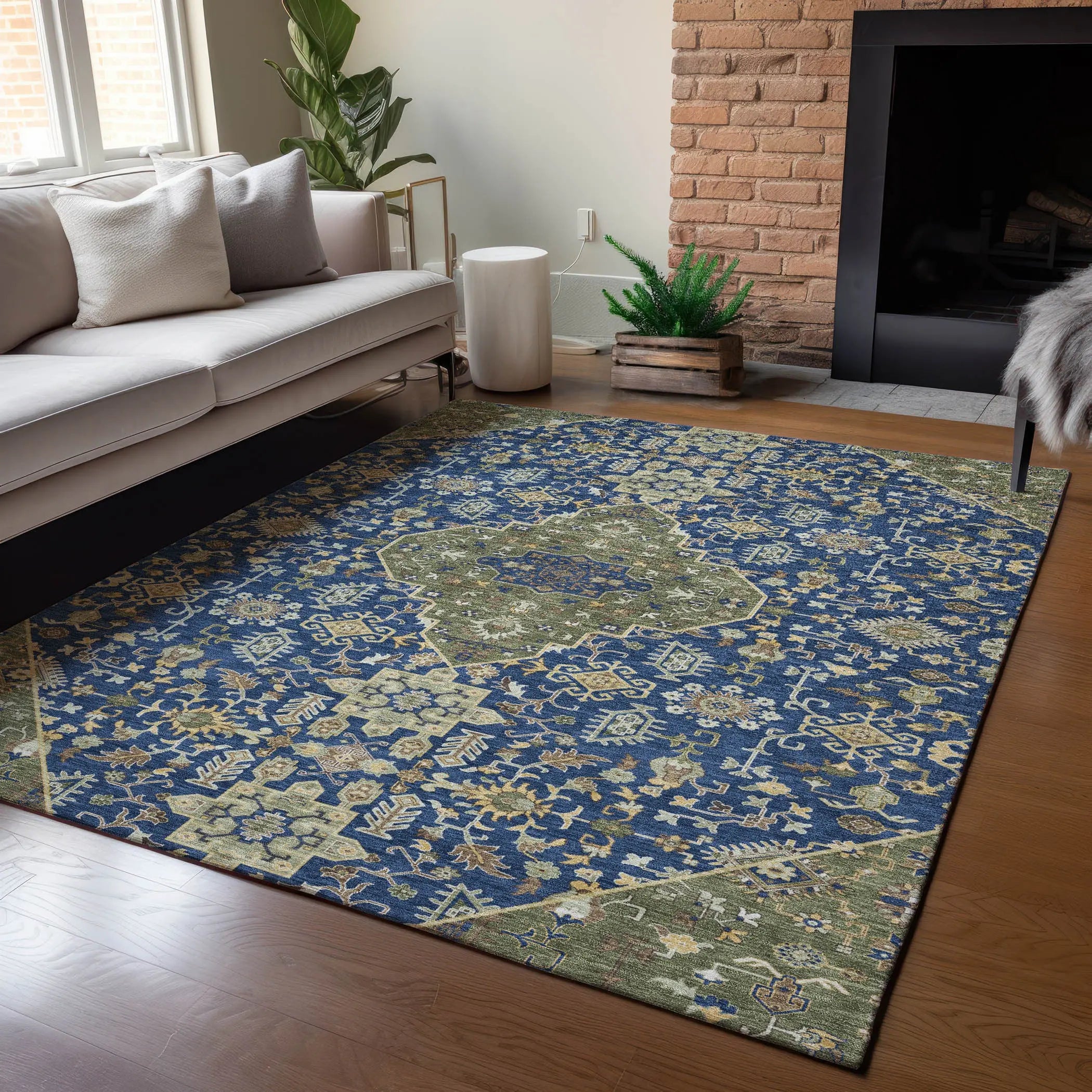 10' X 14' Navy Blue And Pewter Medallion Washable Indoor Outdoor Area Rug Homeroots Outdoor