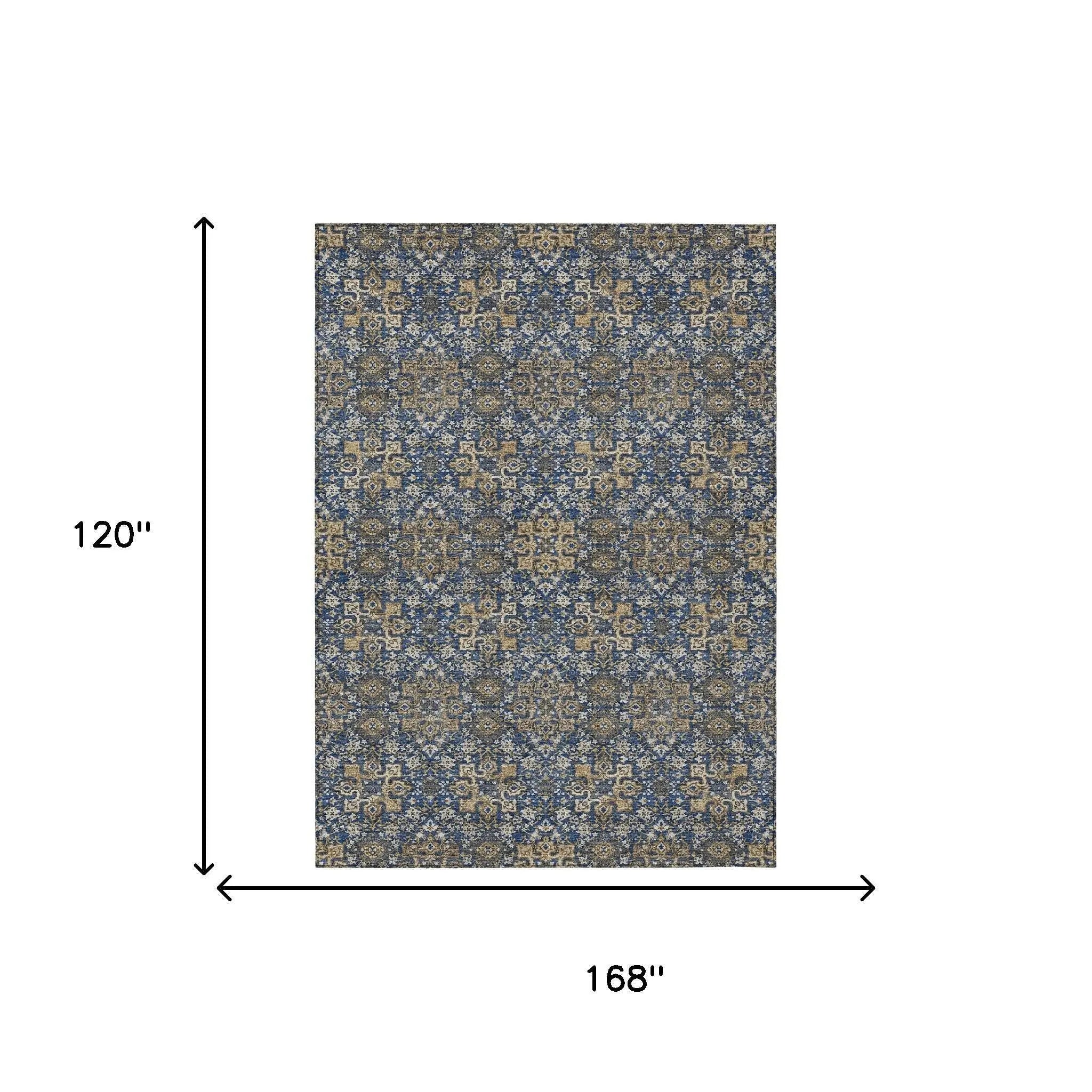 10' X 14' Navy Blue And Silver Oriental Washable Indoor Outdoor Area Rug Homeroots Outdoor