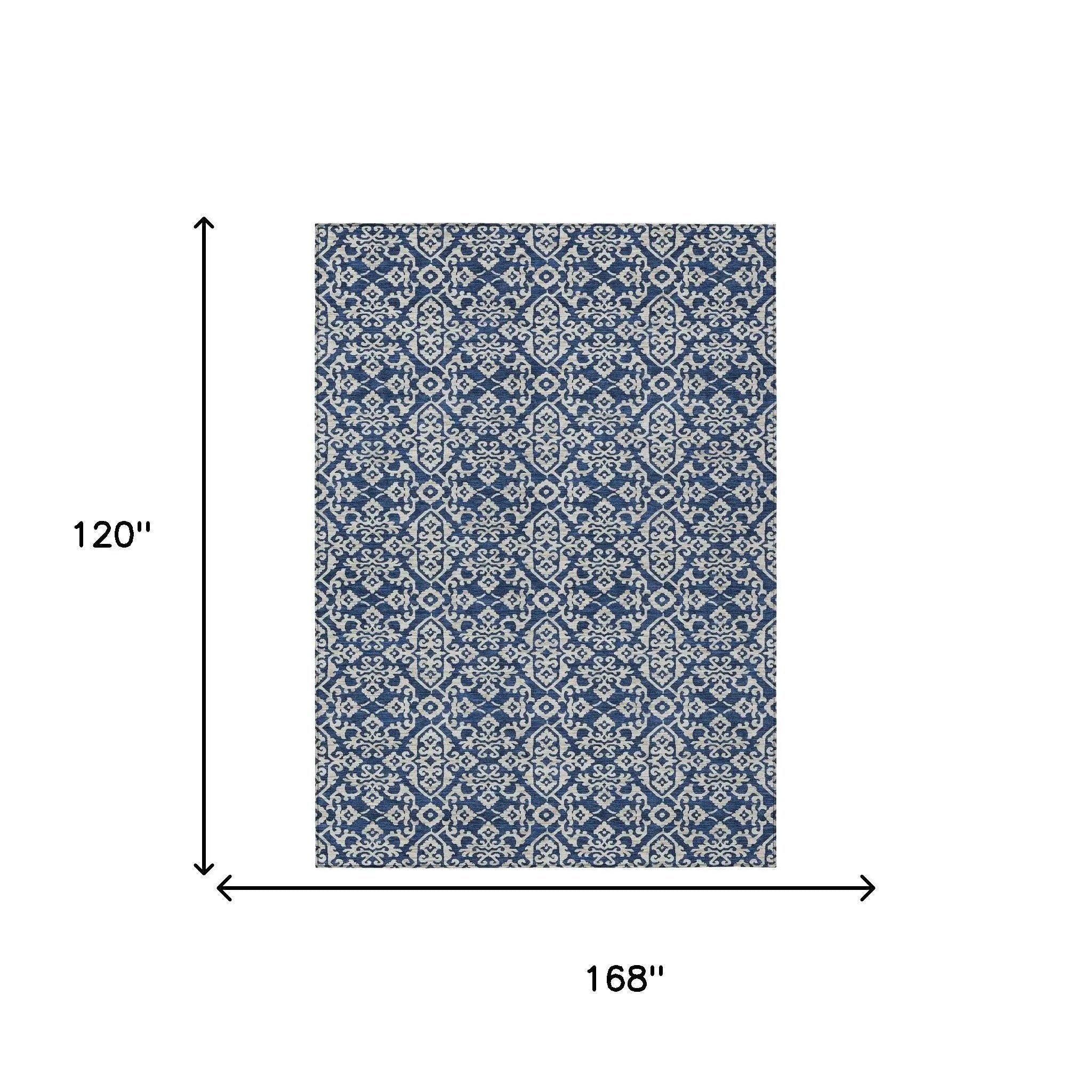 10' X 14' Navy Blue And Silver Oriental Washable Indoor Outdoor Area Rug Homeroots Outdoor