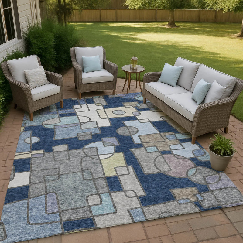 10' X 14' Navy Blue And Sky Blue Geometric Washable Indoor Outdoor Area Rug Homeroots Outdoor