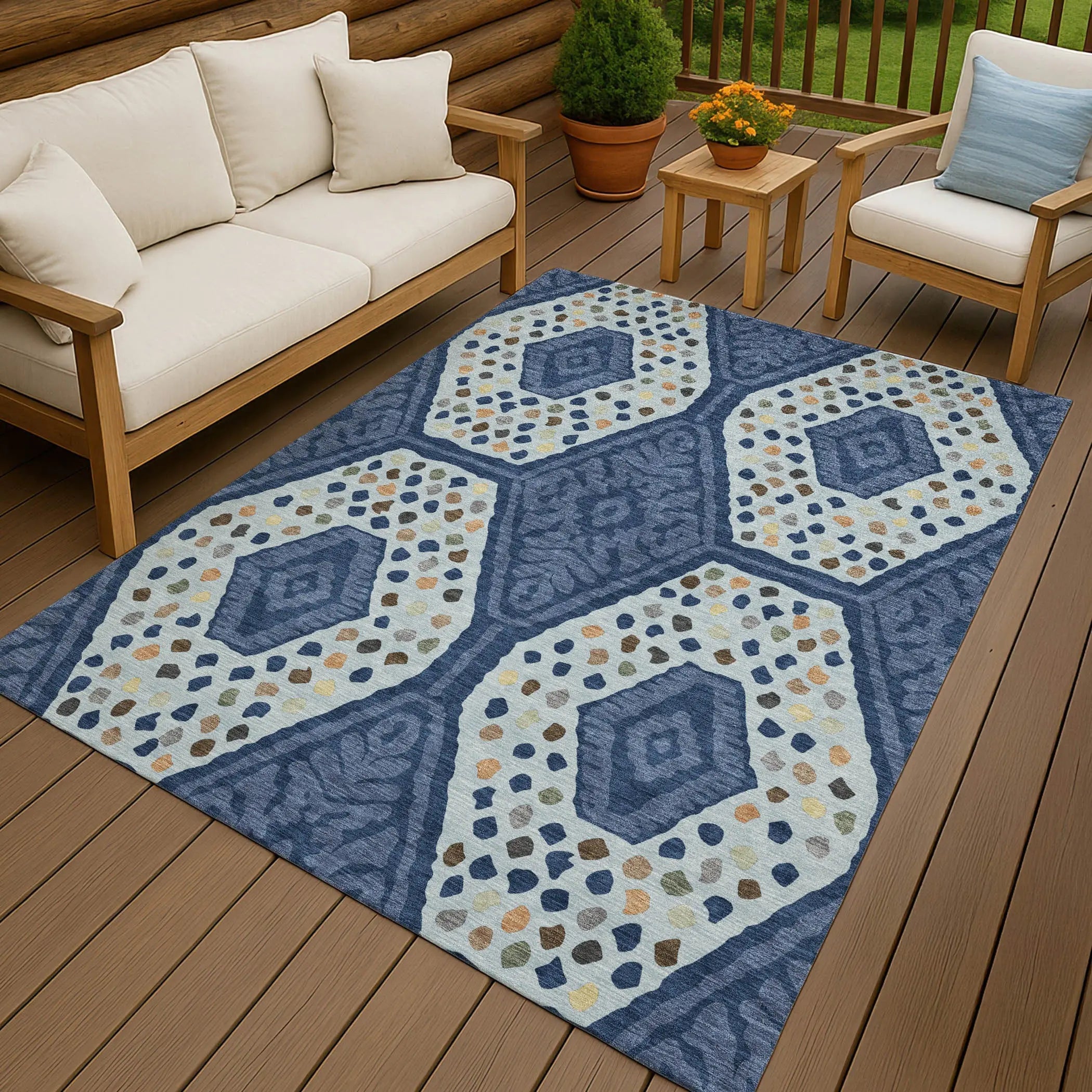 10' X 14' Navy Blue And Sky Blue Tribal Washable Indoor Outdoor Area Rug Homeroots Outdoor