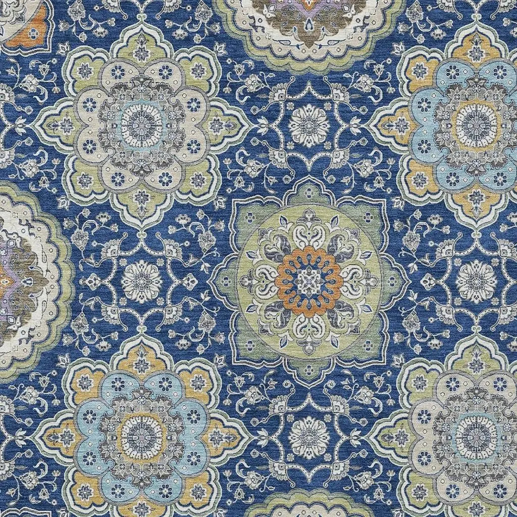 10' X 14' Navy Blue And Taupe Floral Medallion Washable Indoor Outdoor Area Rug Homeroots Outdoor
