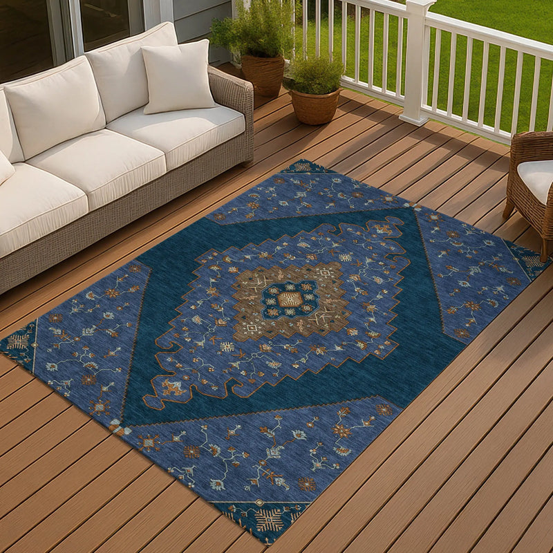 10' X 14' Navy Blue And Teal Blue Geometric Washable Indoor Outdoor Area Rug Homeroots Outdoor