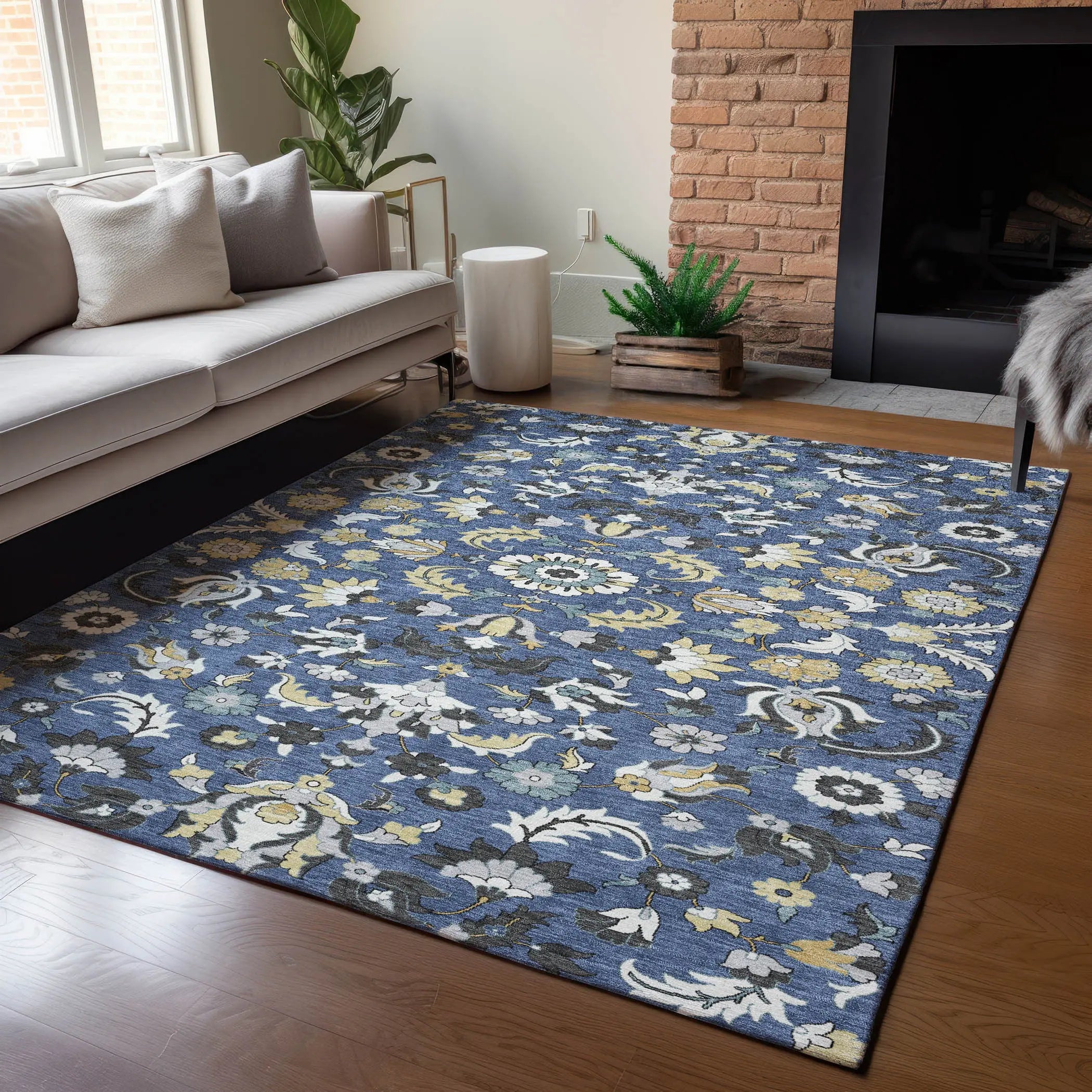10' X 14' Navy Blue And Wheat Floral Medallion Washable Indoor Outdoor Area Rug Homeroots Outdoor