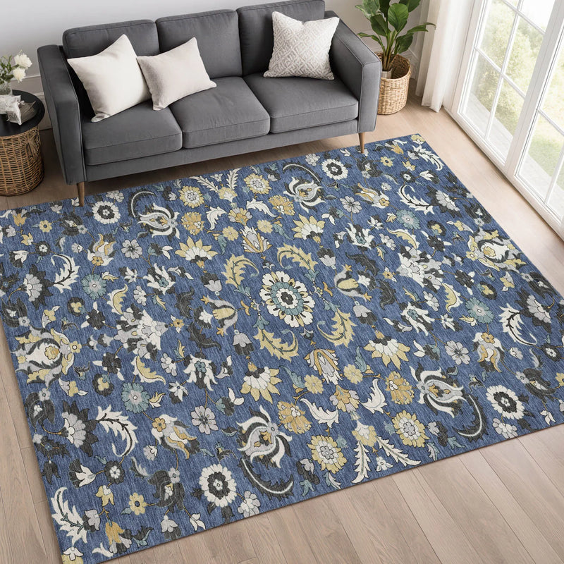 10' X 14' Navy Blue And Wheat Floral Medallion Washable Indoor Outdoor Area Rug Homeroots Outdoor