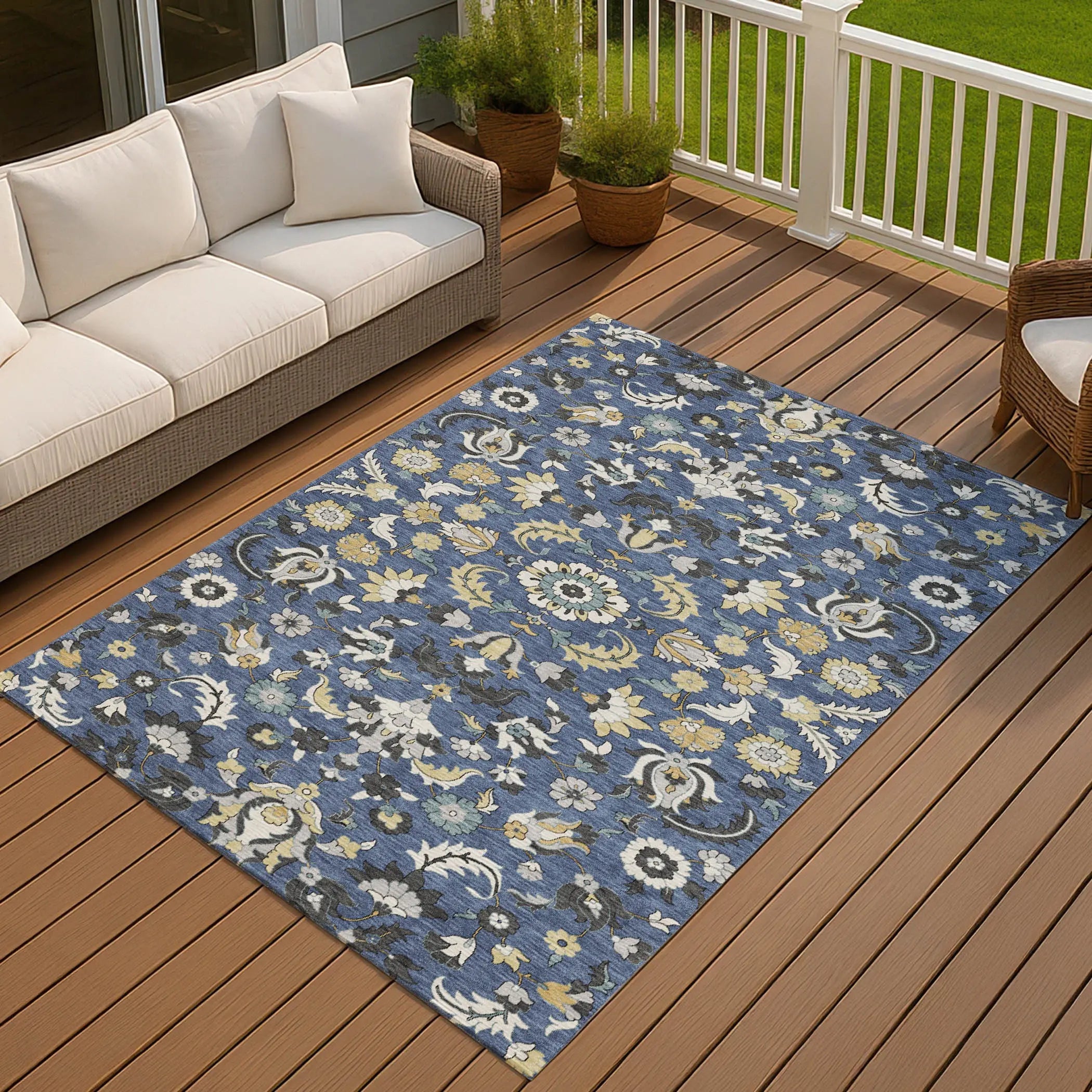 10' X 14' Navy Blue And Wheat Floral Medallion Washable Indoor Outdoor Area Rug Homeroots Outdoor