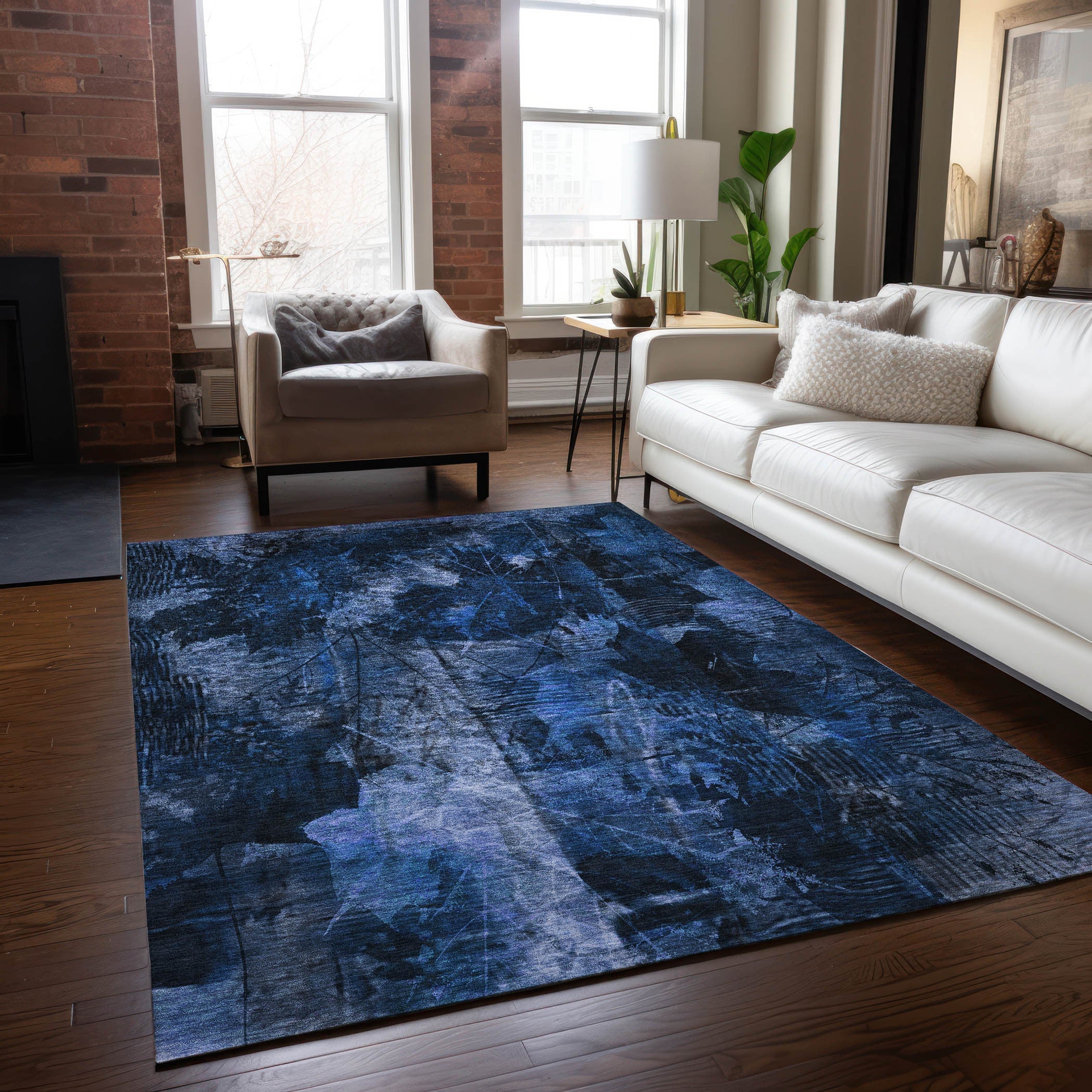 10' X 14' Navy Blue Floral Washable Non Skid Indoor Outdoor Area Rug - GreatEagleInc