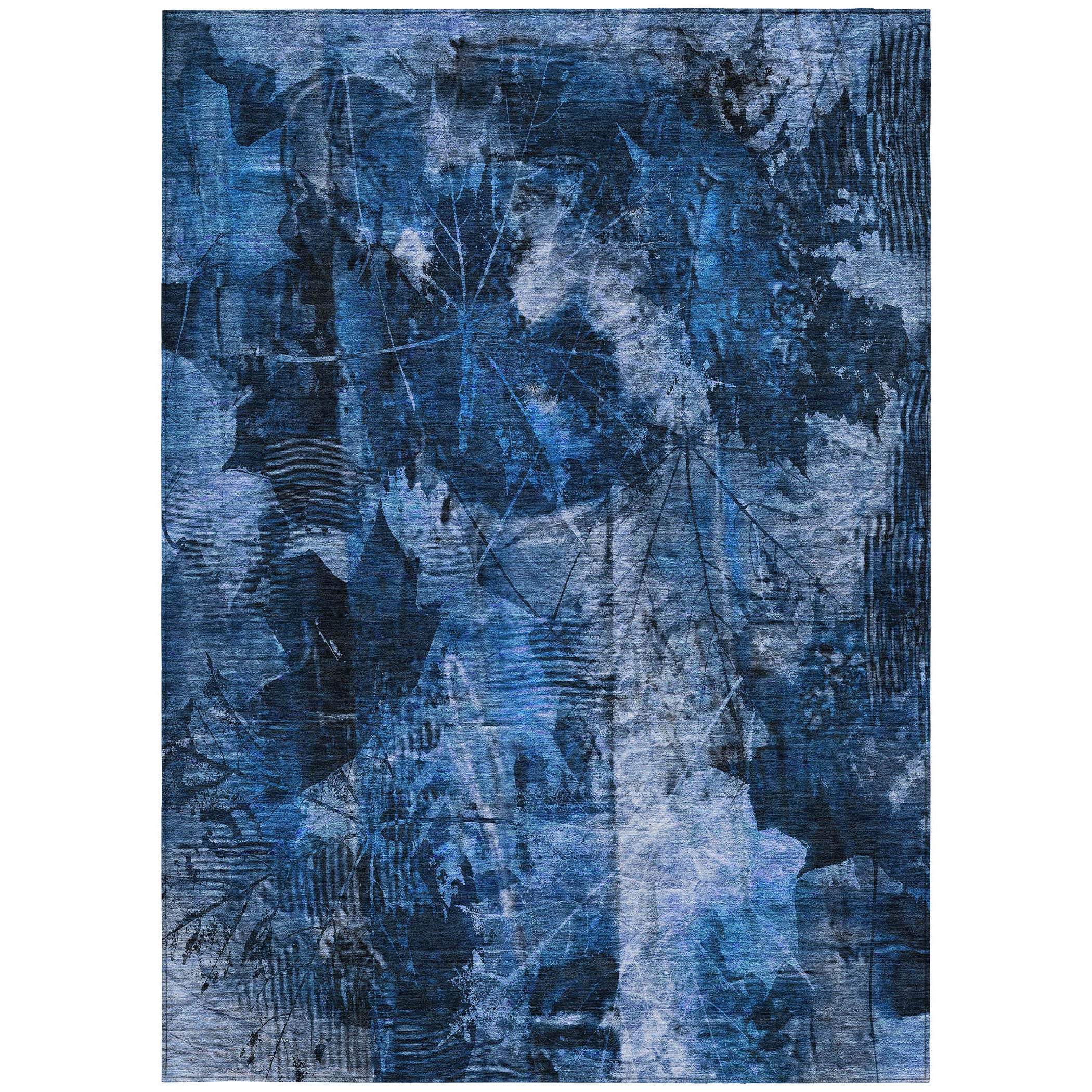 10' X 14' Navy Blue Floral Washable Non Skid Indoor Outdoor Area Rug - GreatEagleInc