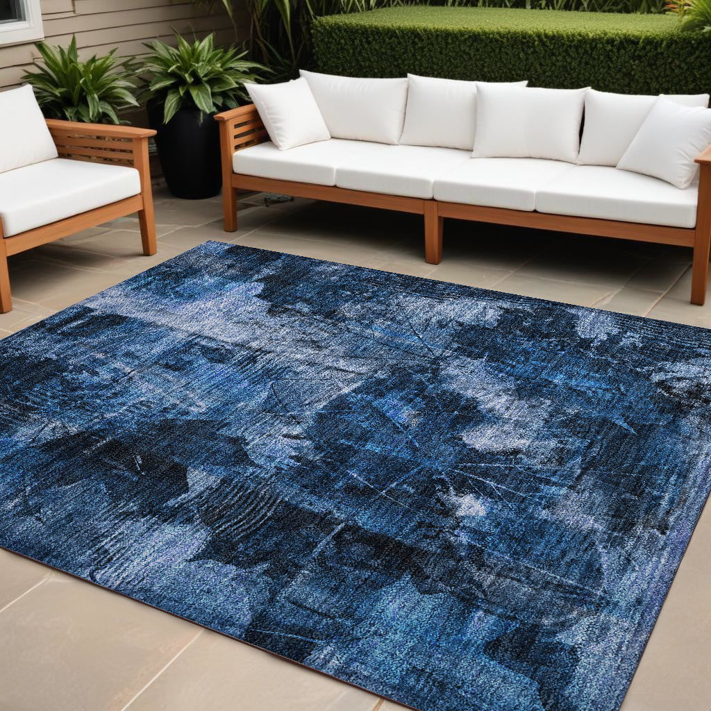 10' X 14' Navy Blue Floral Washable Non Skid Indoor Outdoor Area Rug - GreatEagleInc