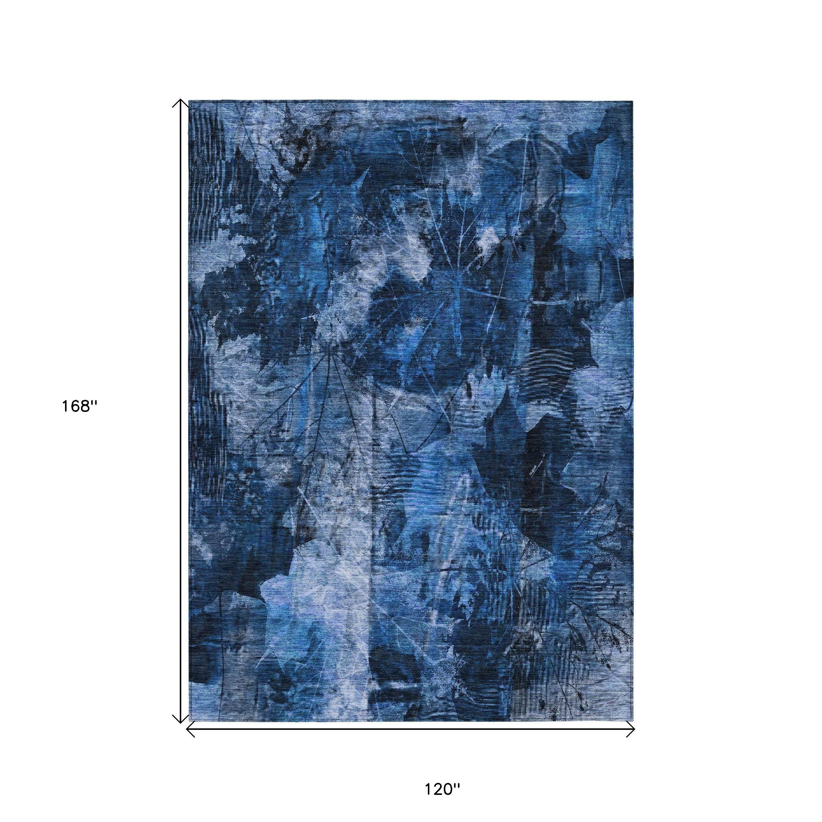 10' X 14' Navy Blue Floral Washable Non Skid Indoor Outdoor Area Rug - GreatEagleInc
