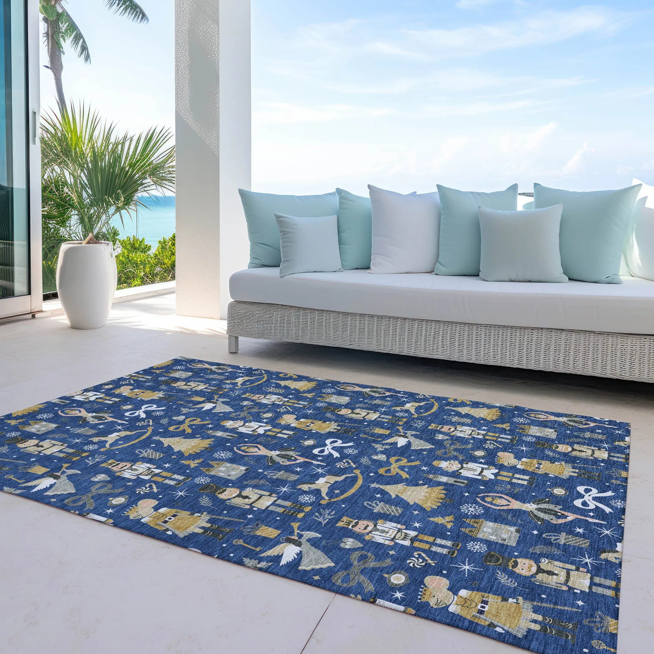 10' X 14' Navy Blue Gold Black And Gray Village House Washable Indoor Outdoor Area Rug Homeroots Outdoor