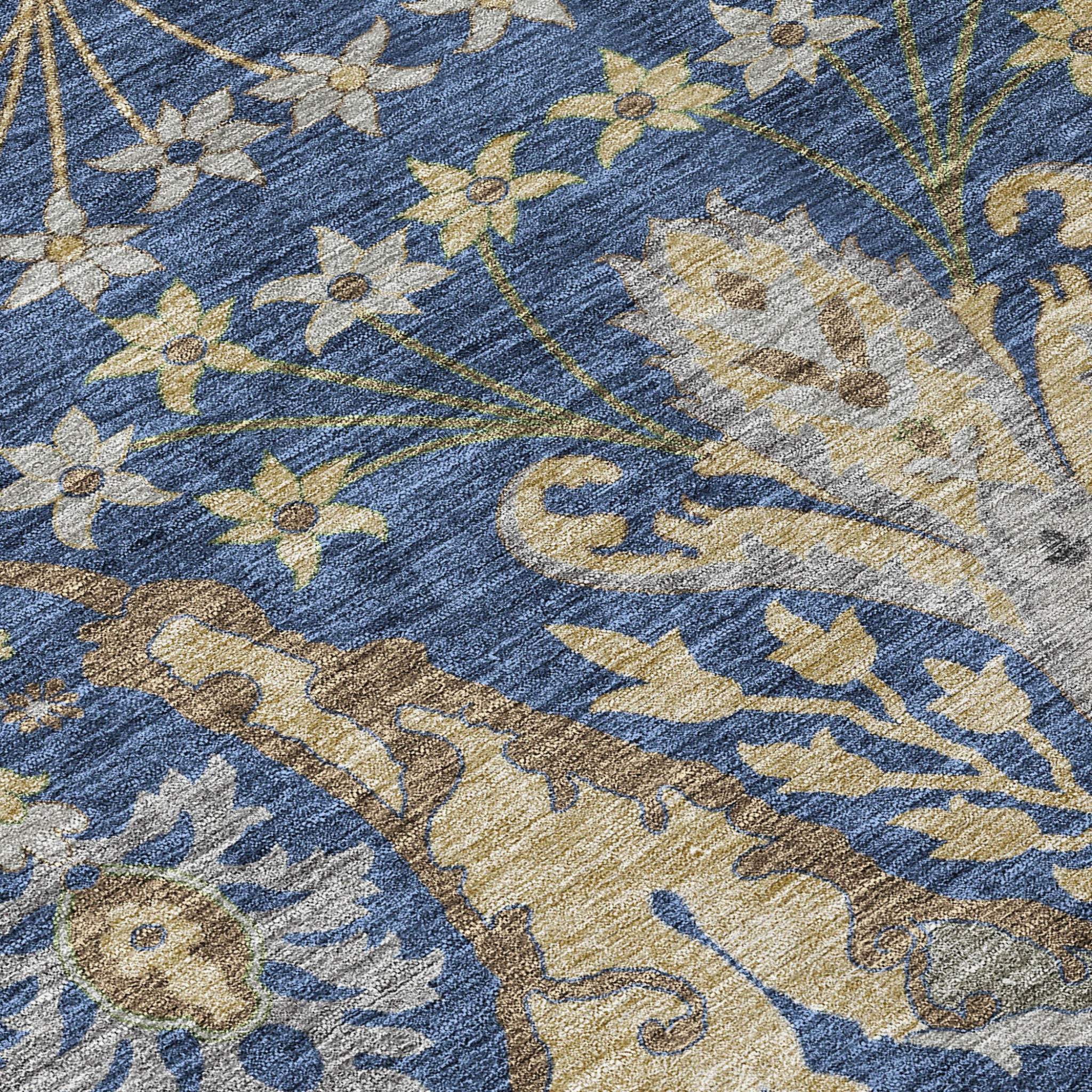 10' X 14' Navy Blue Green And Brown Floral Washable Indoor Outdoor Area Rug - GreatEagleInc