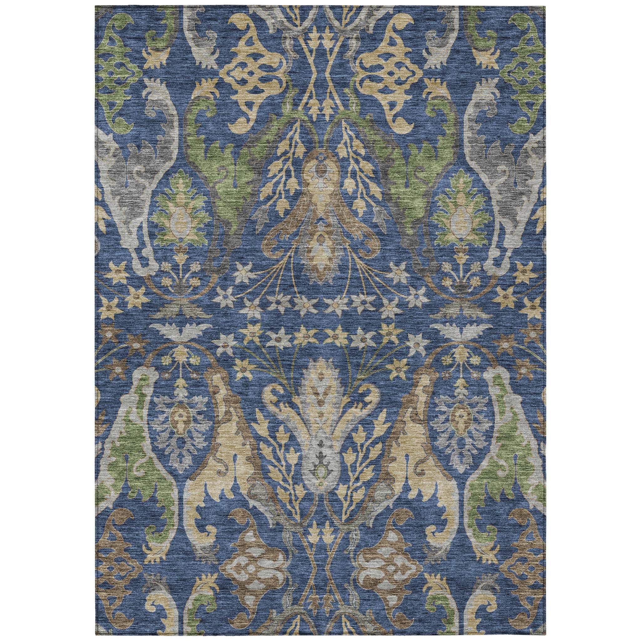 10' X 14' Navy Blue Green And Brown Floral Washable Indoor Outdoor Area Rug - GreatEagleInc