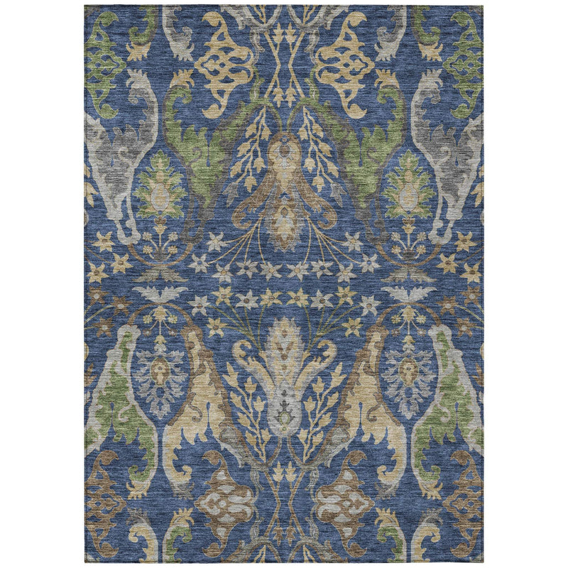 10' X 14' Navy Blue Green And Brown Floral Washable Indoor Outdoor Area Rug - GreatEagleInc