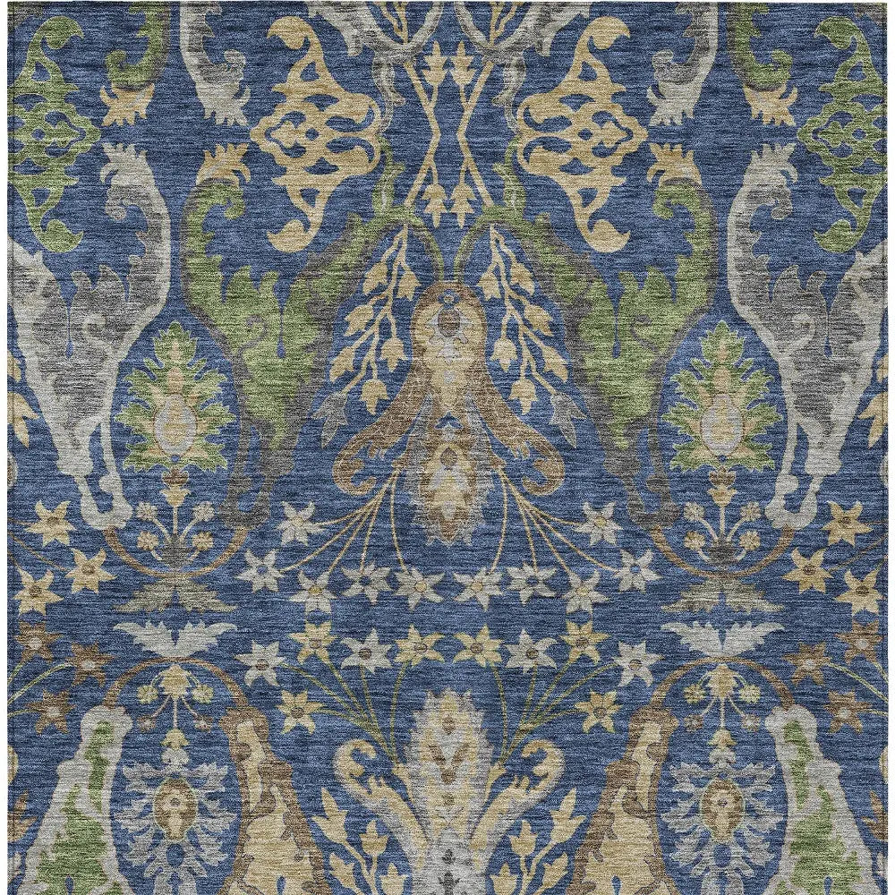10' X 14' Navy Blue Green And Brown Floral Washable Indoor Outdoor Area Rug - GreatEagleInc