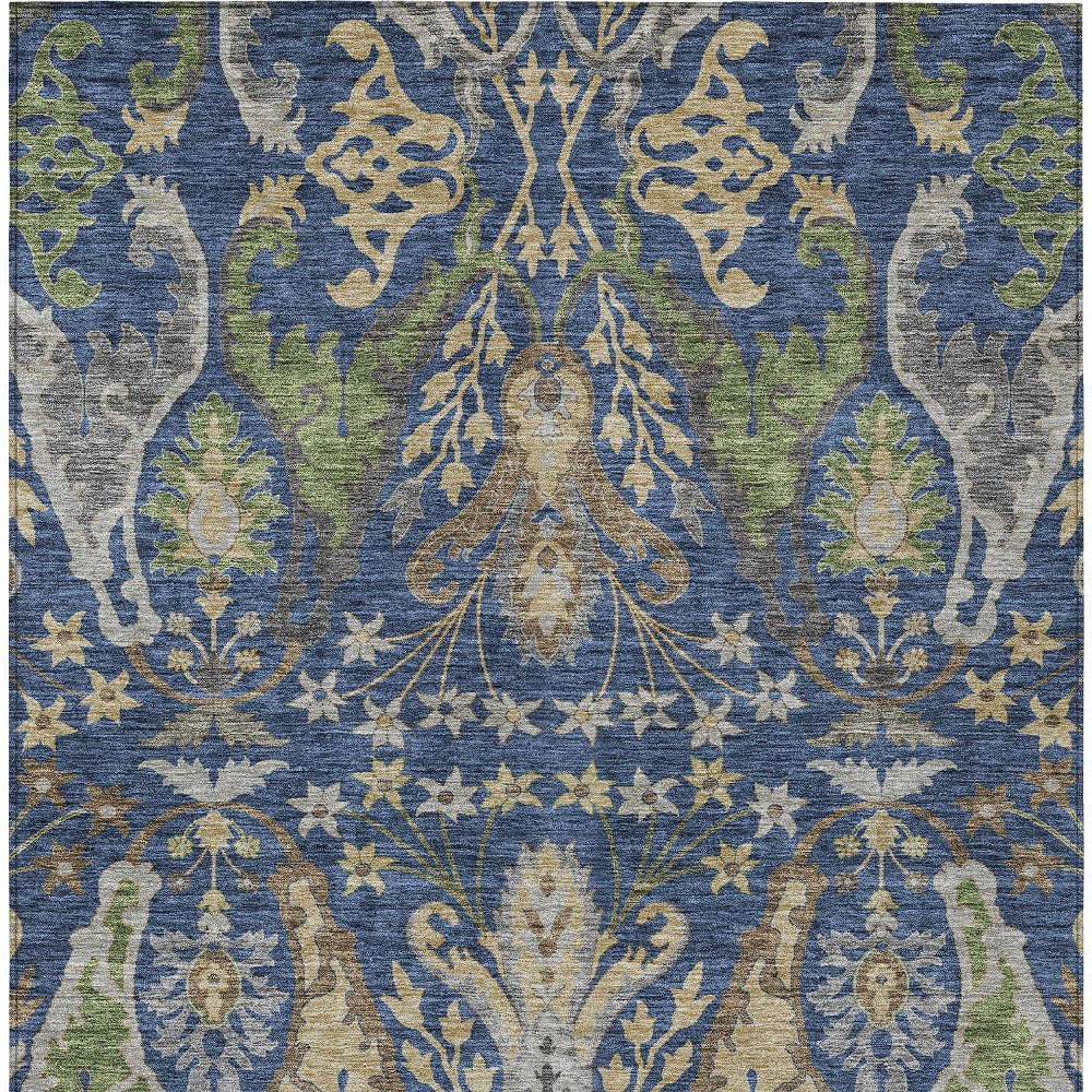 10' X 14' Navy Blue Green And Brown Floral Washable Indoor Outdoor Area Rug - GreatEagleInc