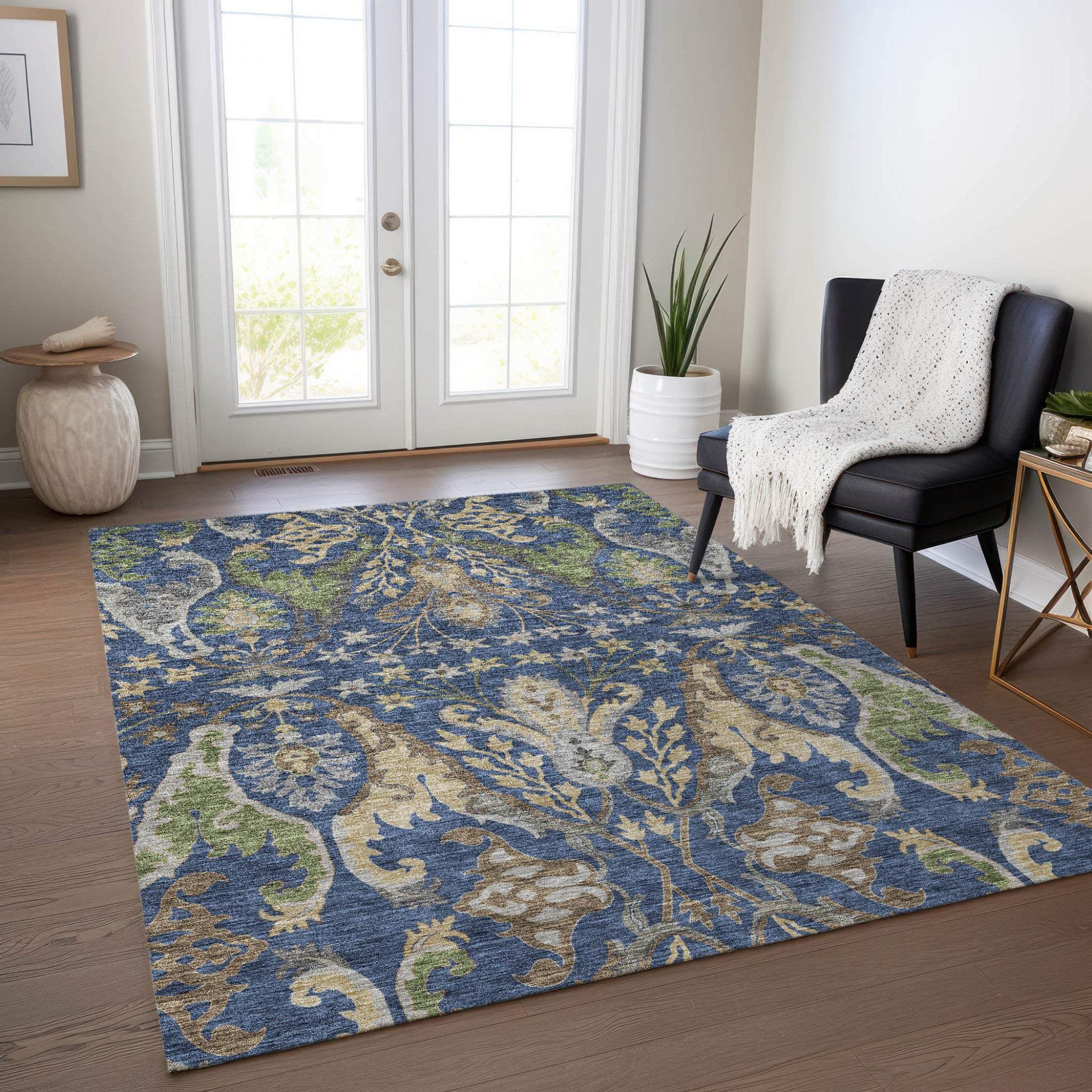 10' X 14' Navy Blue Green And Brown Floral Washable Indoor Outdoor Area Rug - GreatEagleInc