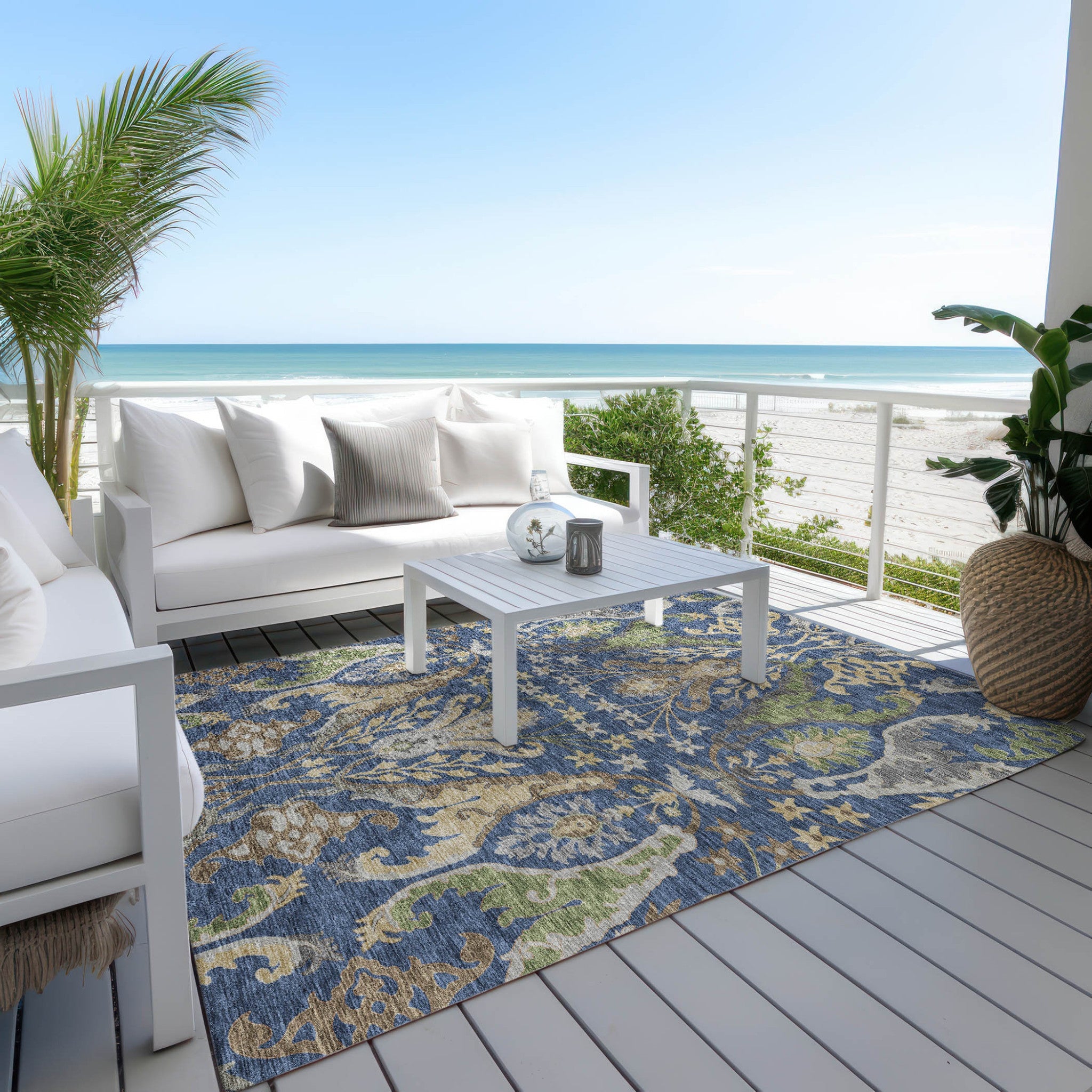 10' X 14' Navy Blue Green And Brown Floral Washable Indoor Outdoor Area Rug - GreatEagleInc